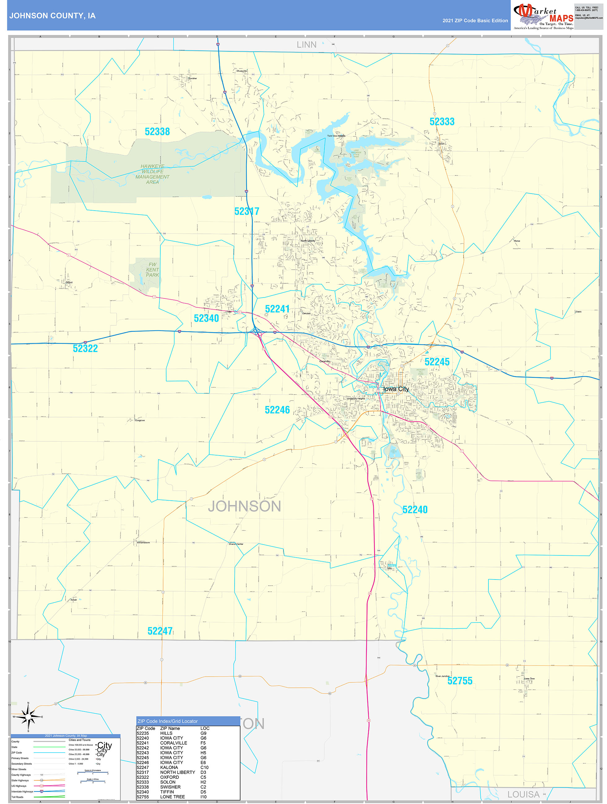 Johnson County, IA Zip Code Wall Map Basic Style by MarketMAPS