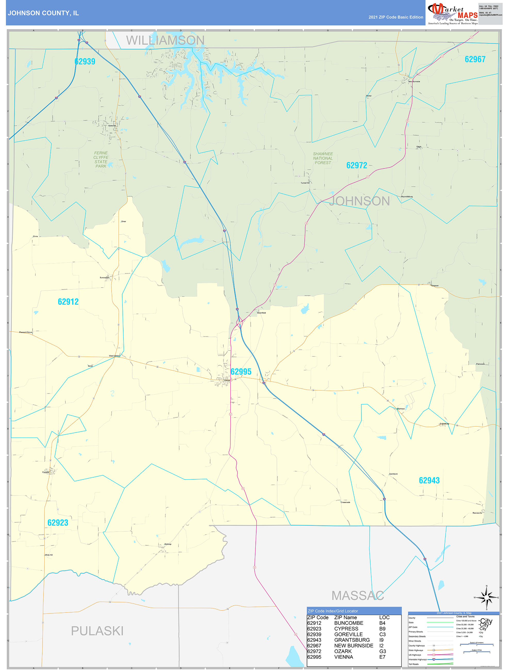 Johnson County, IL Zip Code Wall Map Basic Style by MarketMAPS MapSales