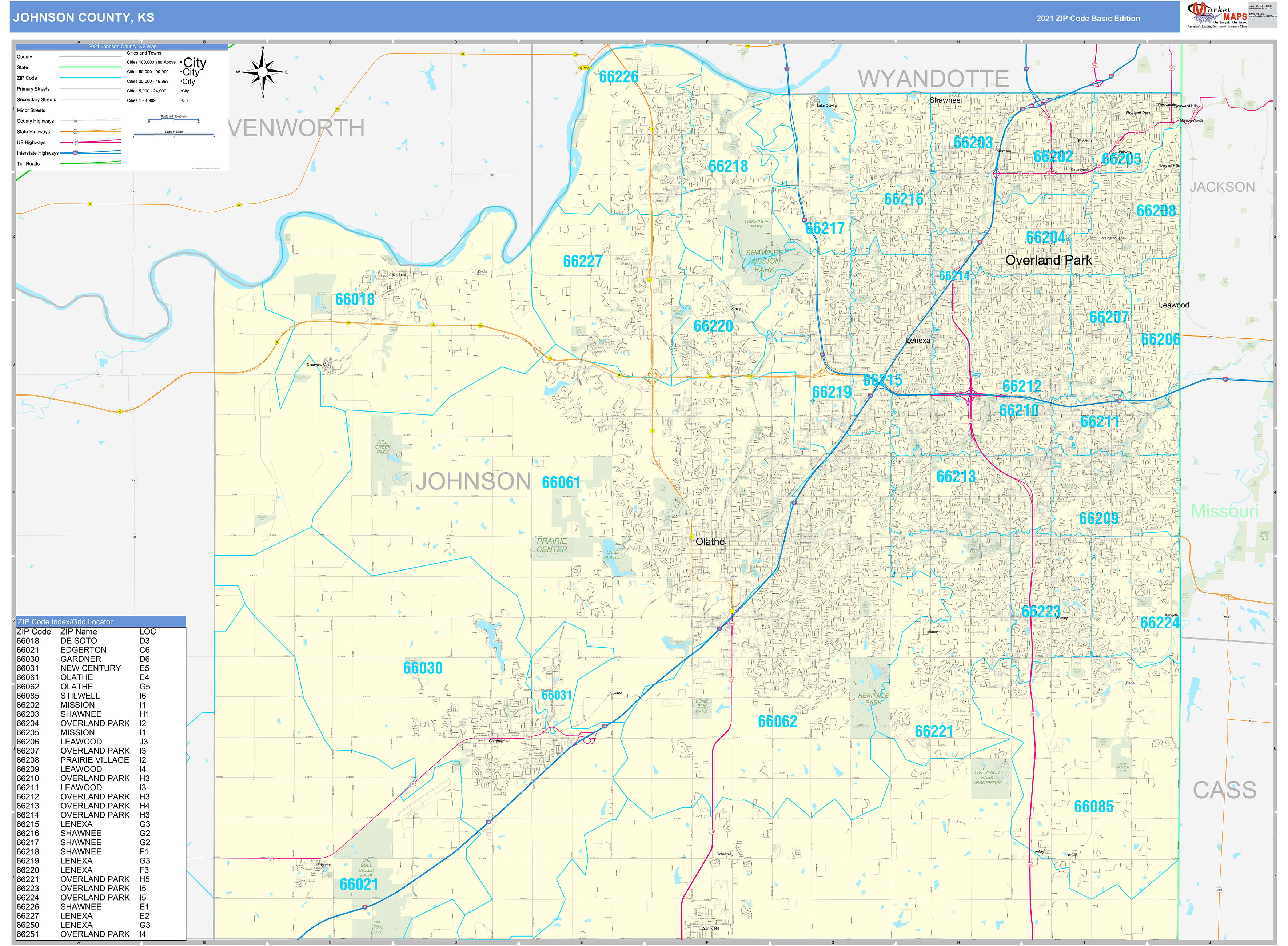 Johnson County Ks Zip Code Wall Map Basic Style By Marketmaps Mapsales