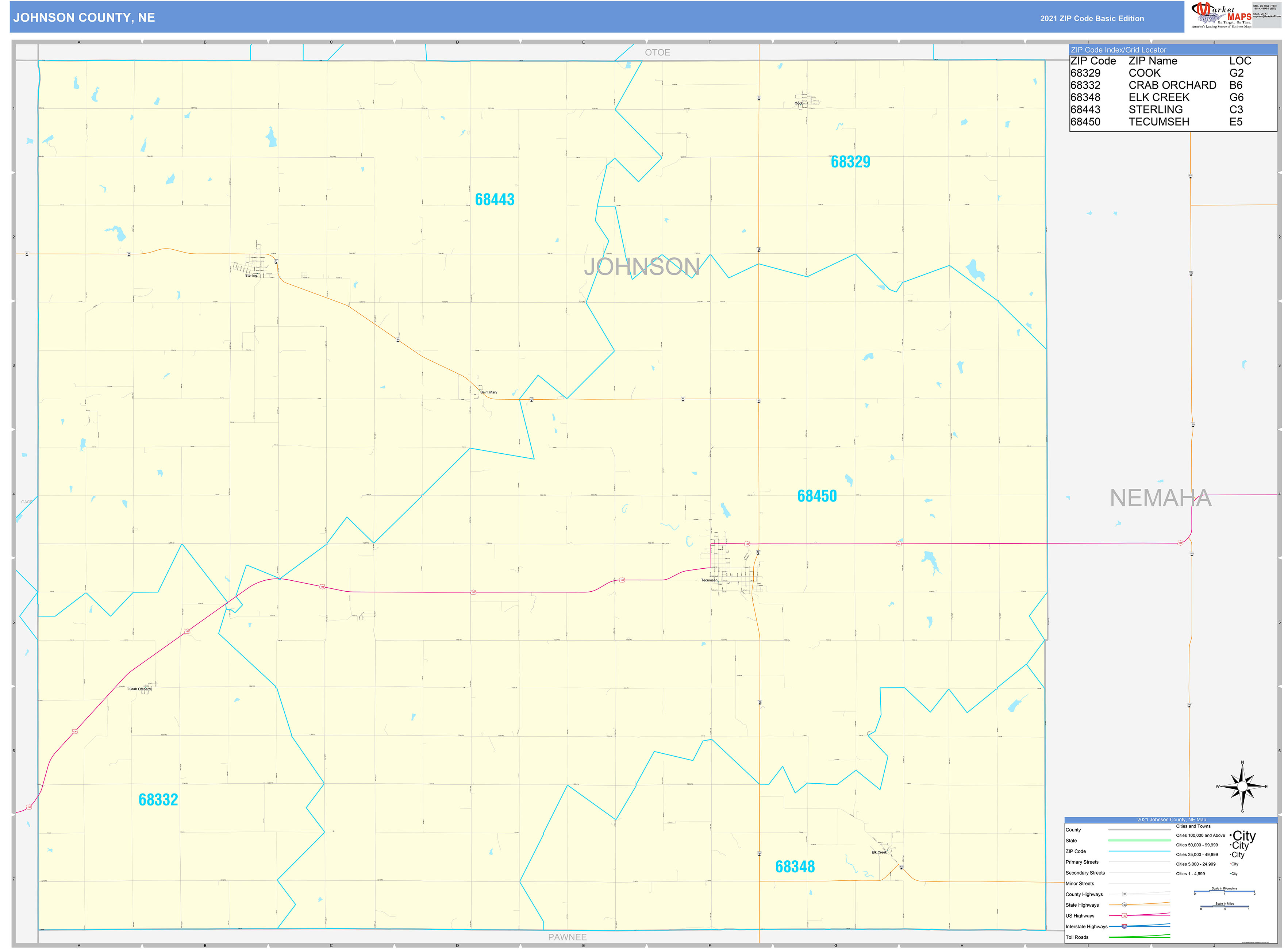 Johnson County, NE Zip Code Wall Map Basic Style by MarketMAPS MapSales