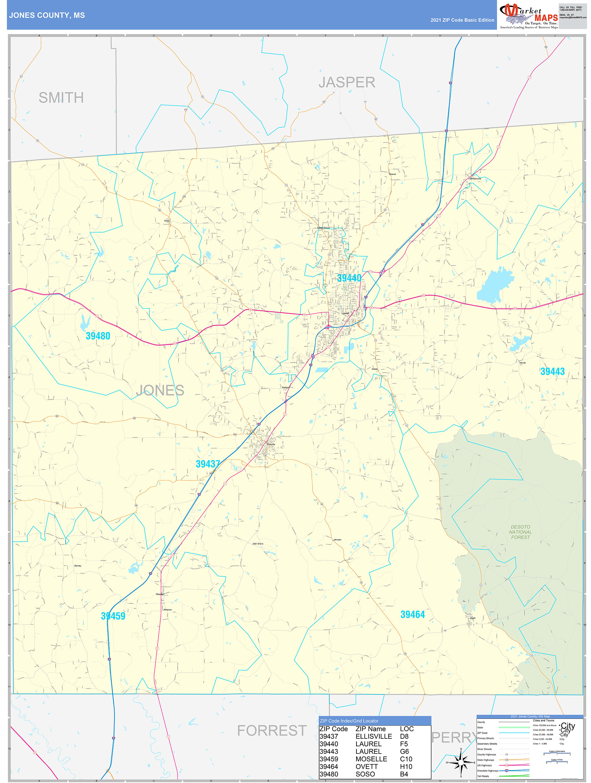 jones-county-ms-zip-code-wall-map-basic-style-by-marketmaps-mapsales