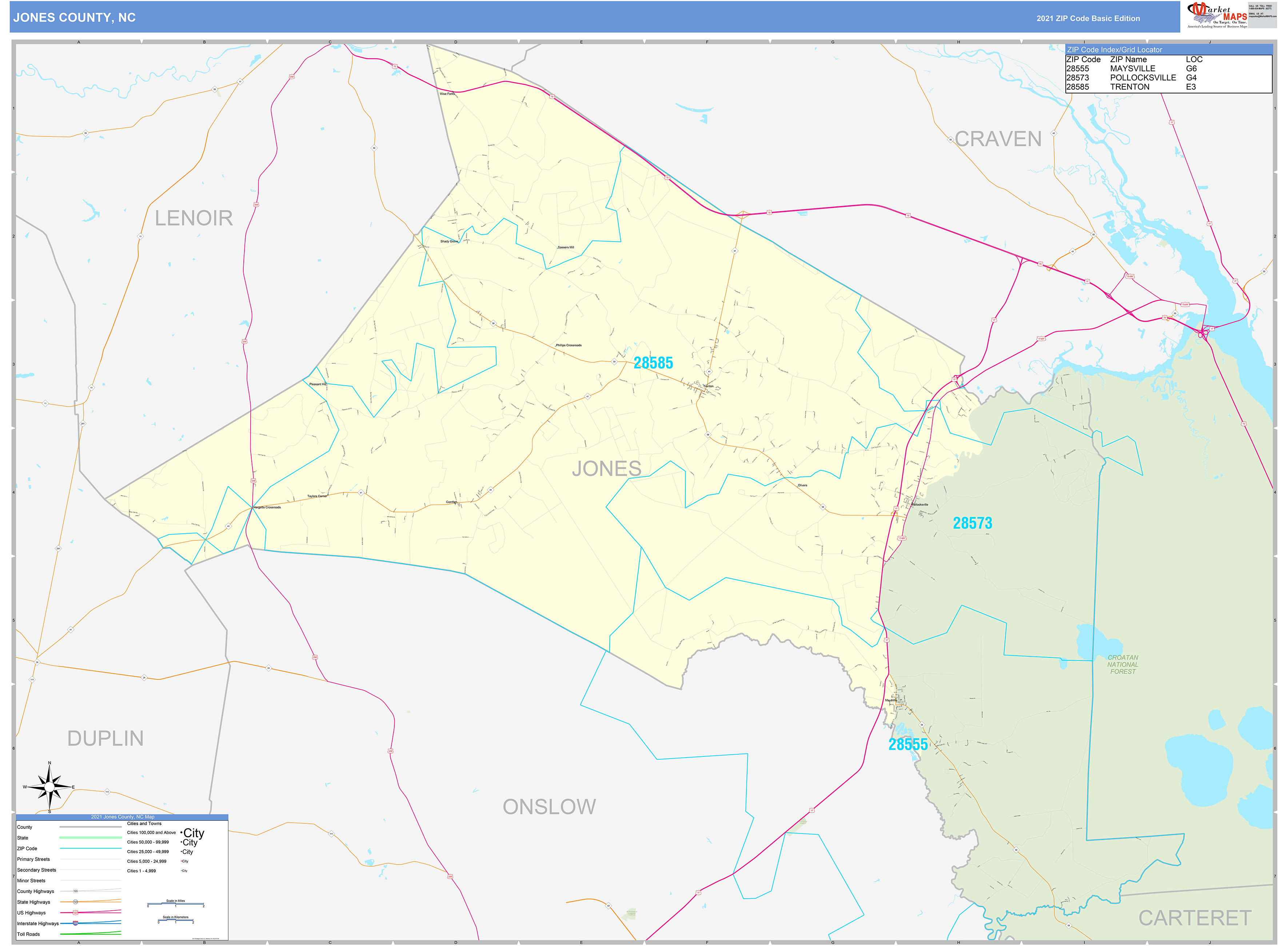 Jones County, NC Zip Code Wall Map Basic Style by MarketMAPS MapSales
