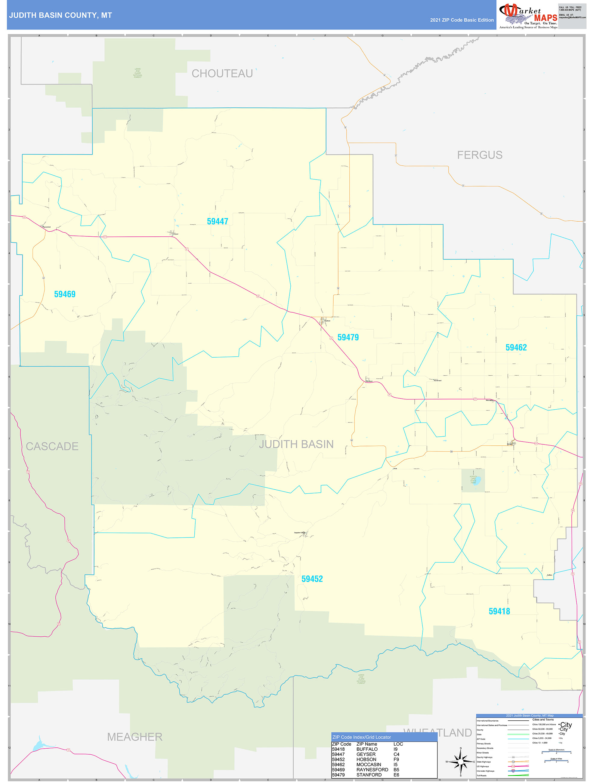 Judith Basin County, MT Zip Code Wall Map Basic Style by MarketMAPS