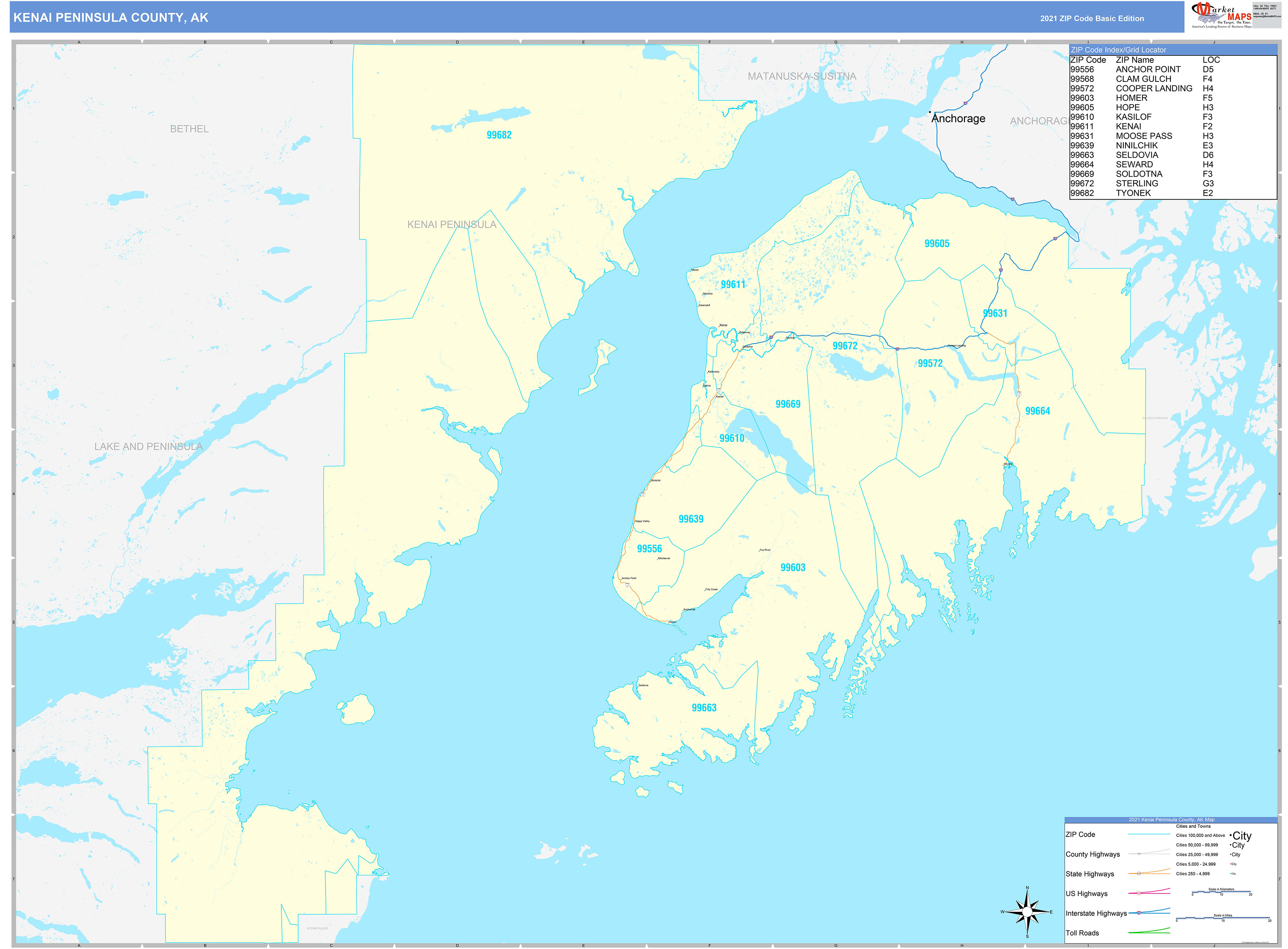 Kenai Peninsula County, AK Zip Code Wall Map Basic Style by MarketMAPS