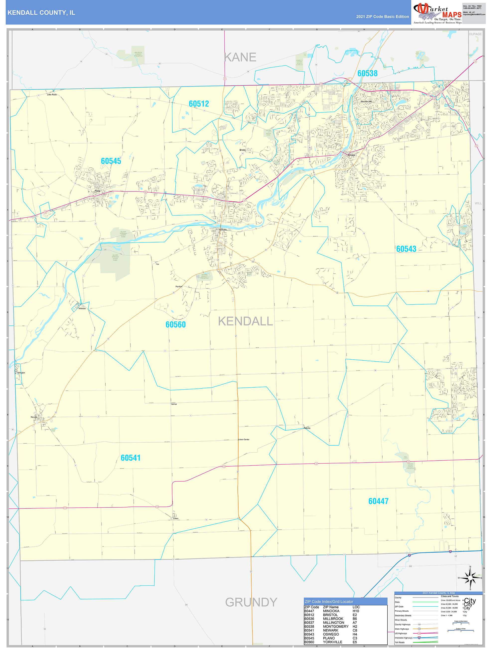 Kendall County, IL Zip Code Wall Map Basic Style by MarketMAPS