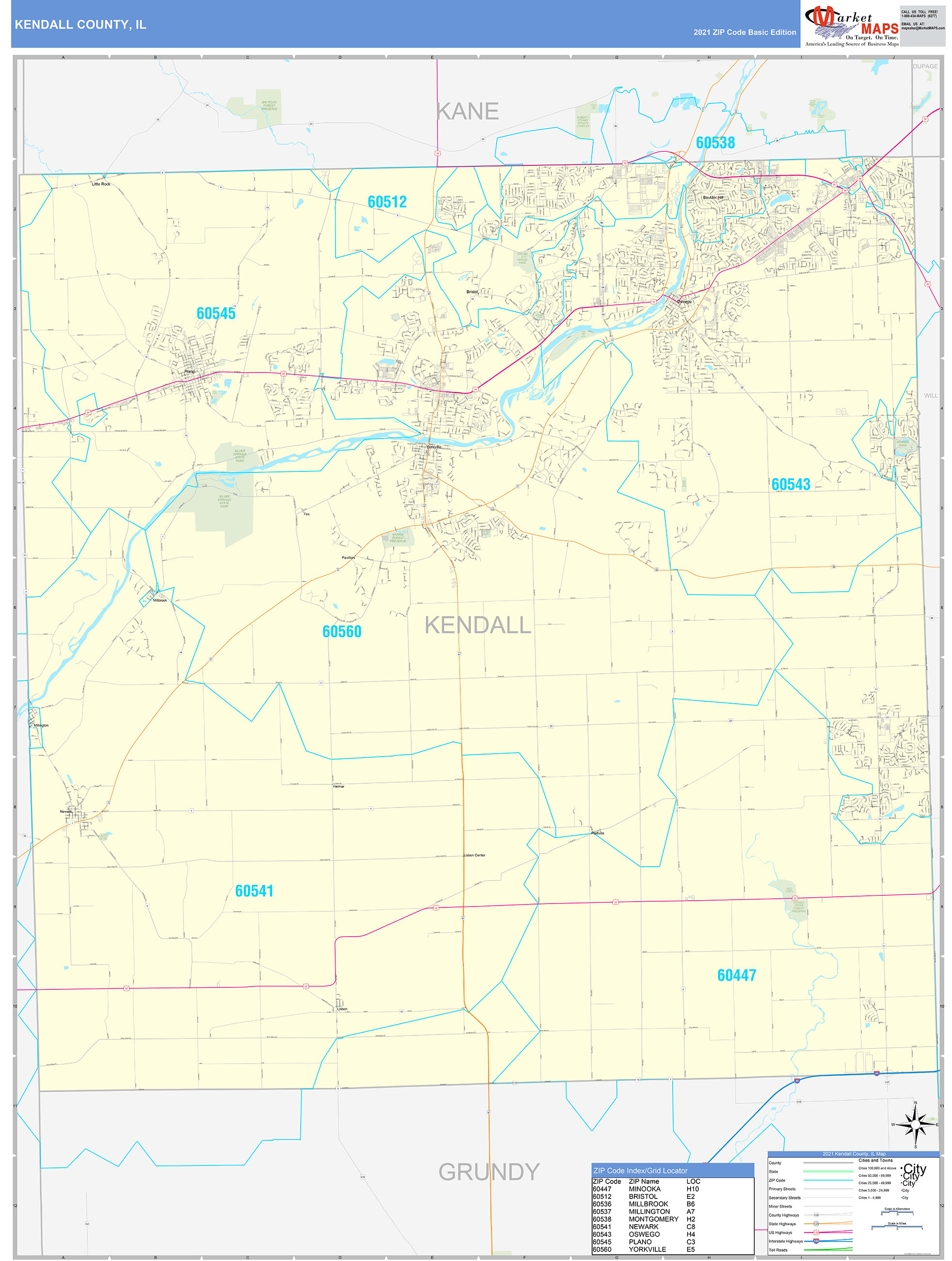 kendall-county-il-zip-code-wall-map-basic-style-by-marketmaps-mapsales