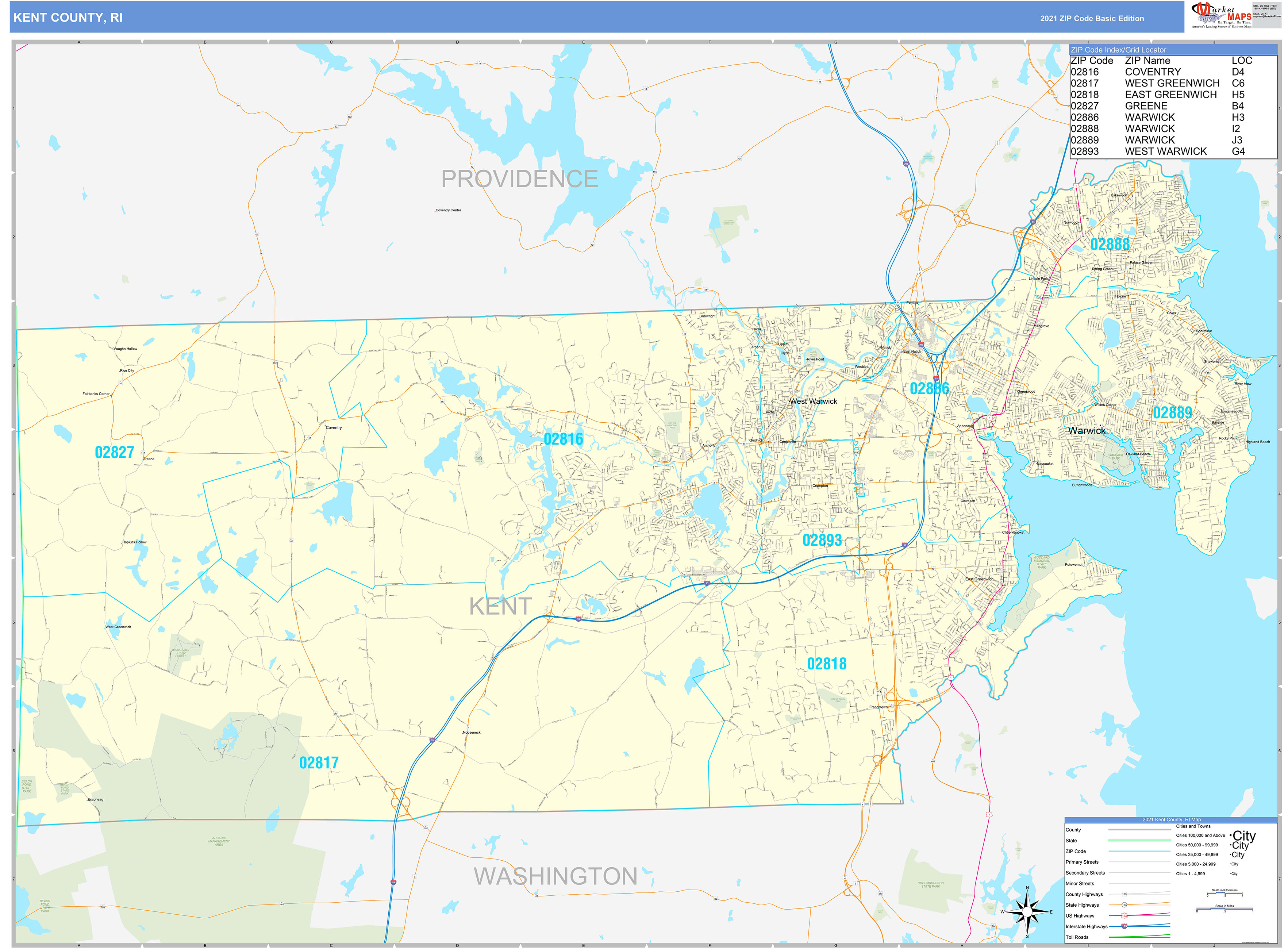 Kent County, RI Zip Code Wall Map Basic Style by MarketMAPS