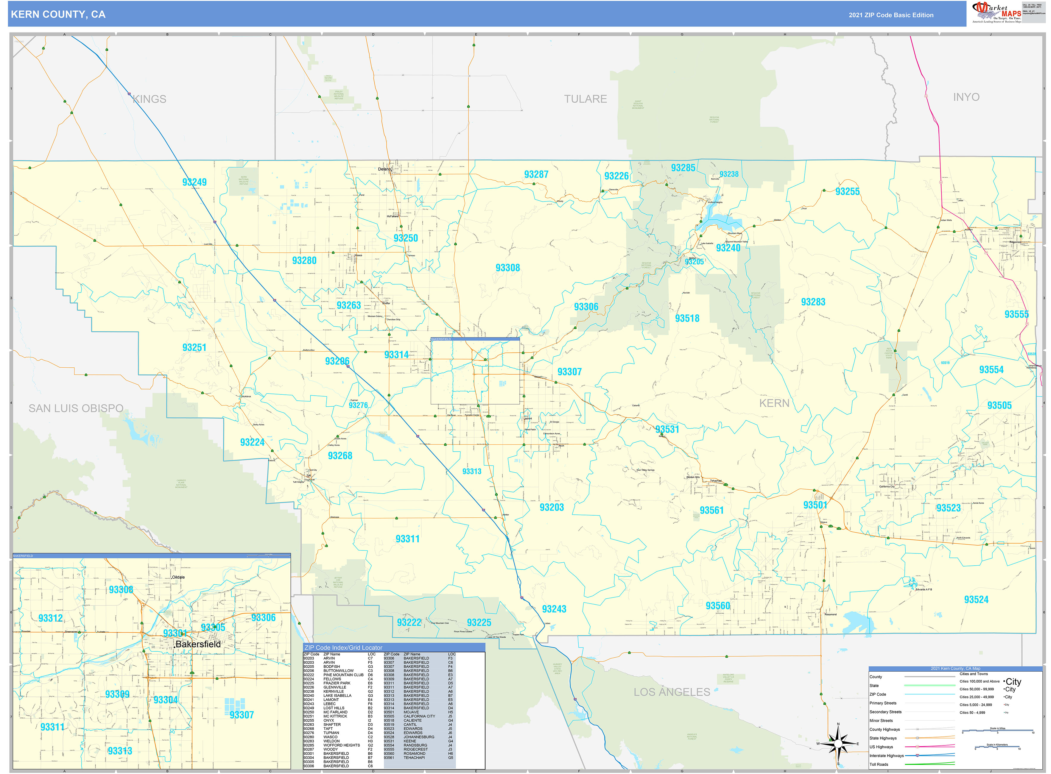Kern County, CA Zip Code Wall Map Basic Style by MarketMAPS MapSales