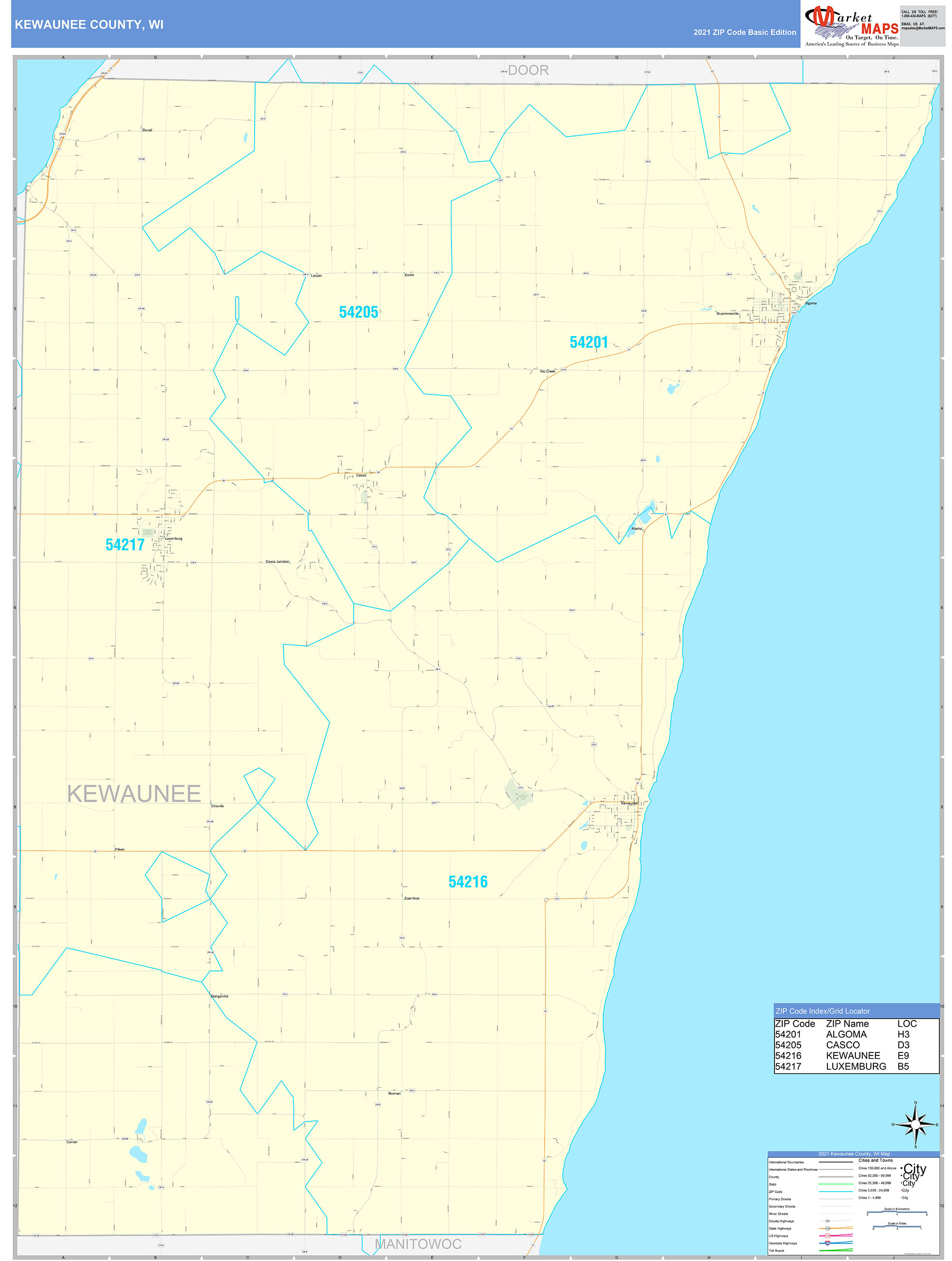 Kewaunee County, WI Zip Code Wall Map Basic Style by MarketMAPS MapSales
