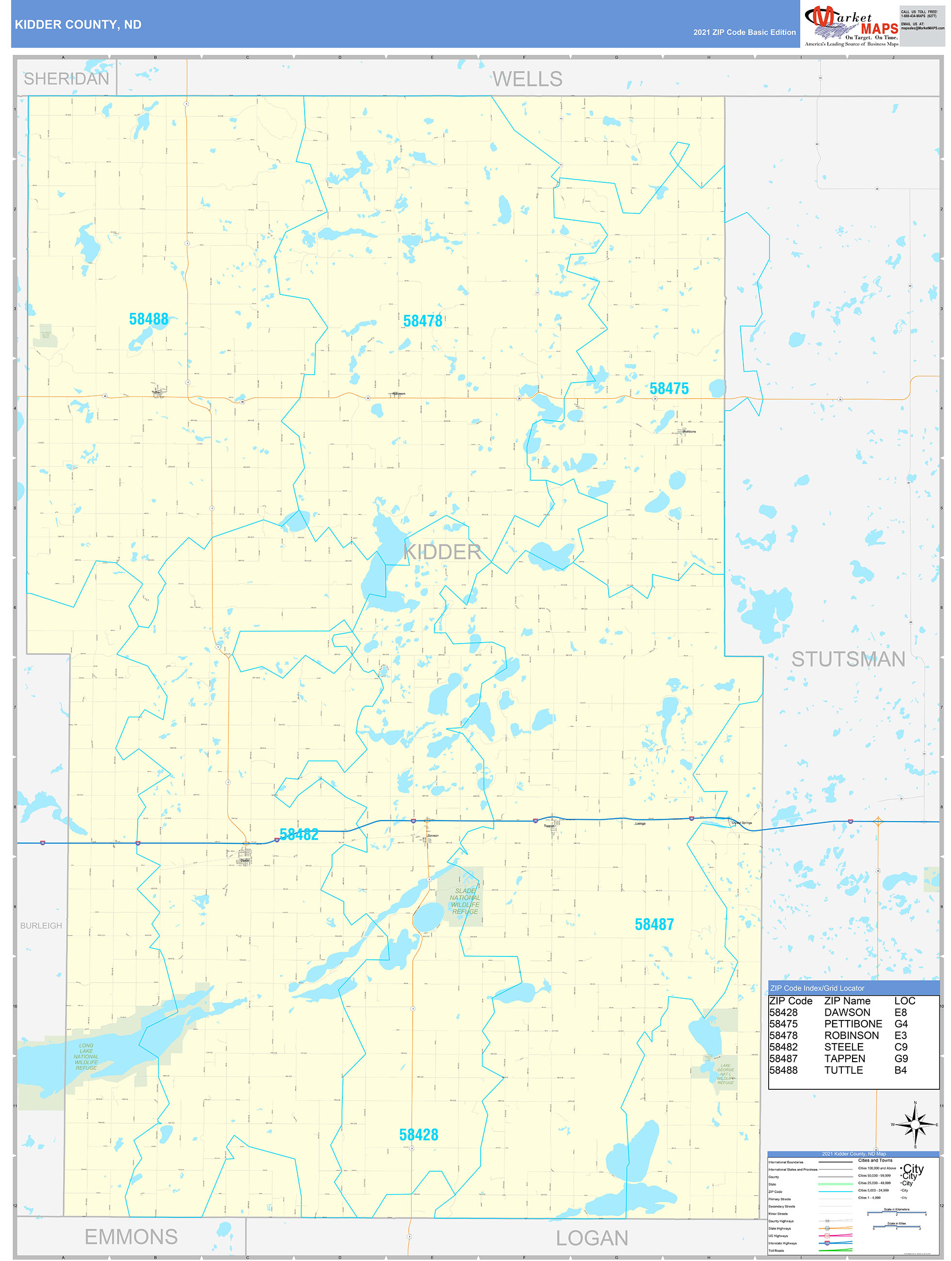 Kidder County, ND Zip Code Wall Map Basic Style by MarketMAPS