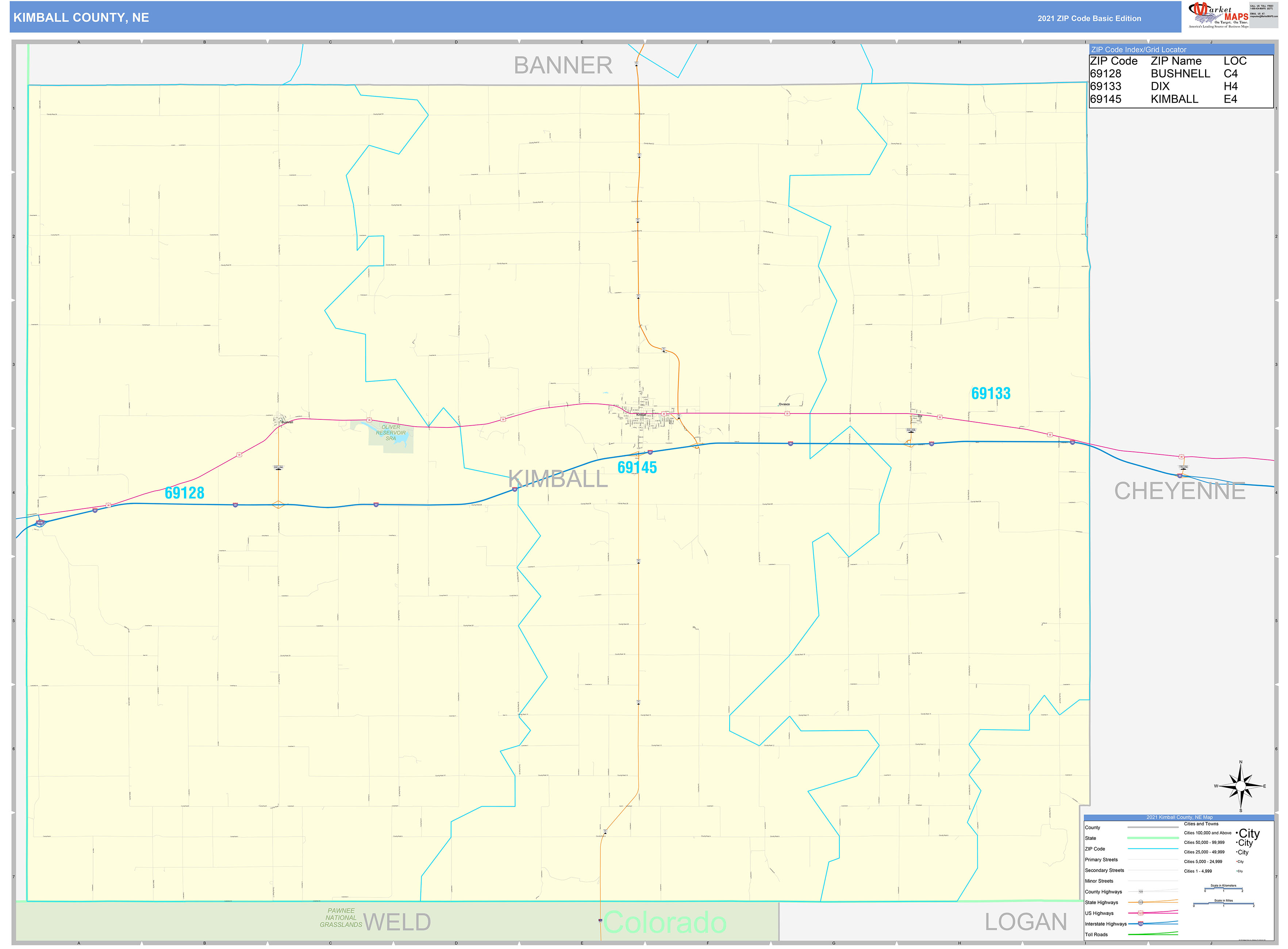 Kimball County, NE Zip Code Wall Map Basic Style by MarketMAPS