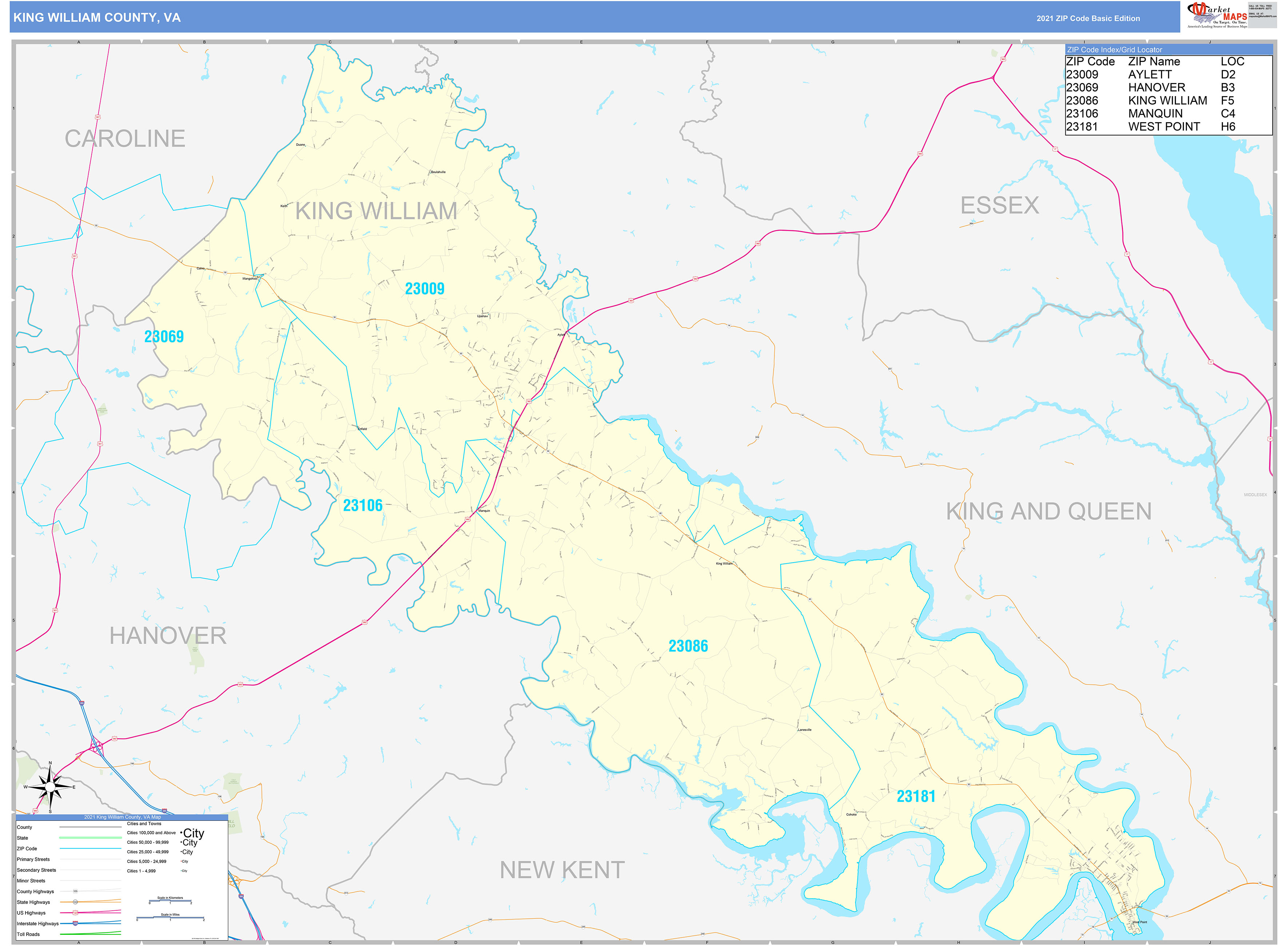 King William County, VA Zip Code Wall Map Basic Style by MarketMAPS