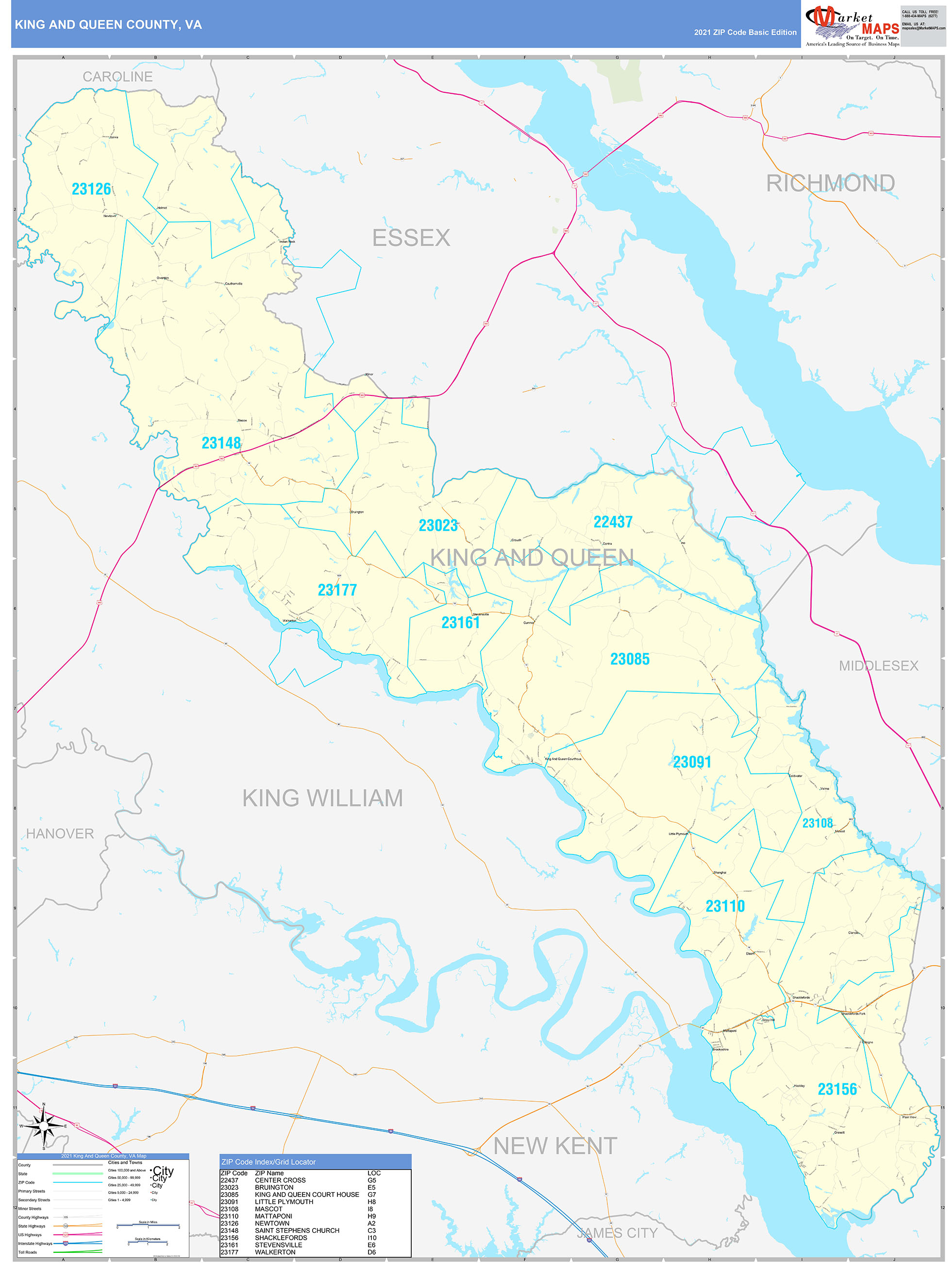 King and Queen County, VA Zip Code Wall Map Basic Style by MarketMAPS