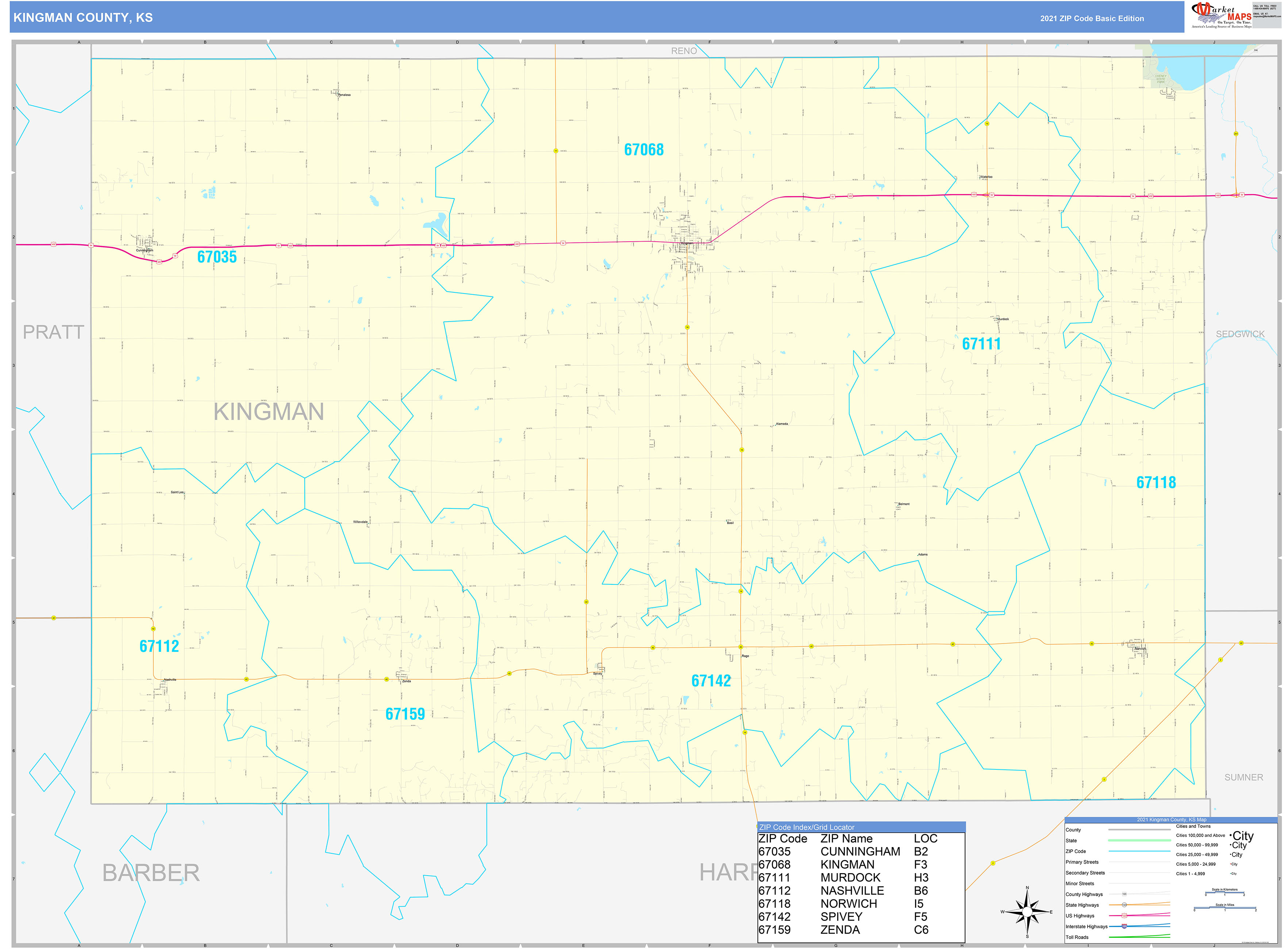 Kingman County, KS Zip Code Wall Map Basic Style by MarketMAPS MapSales