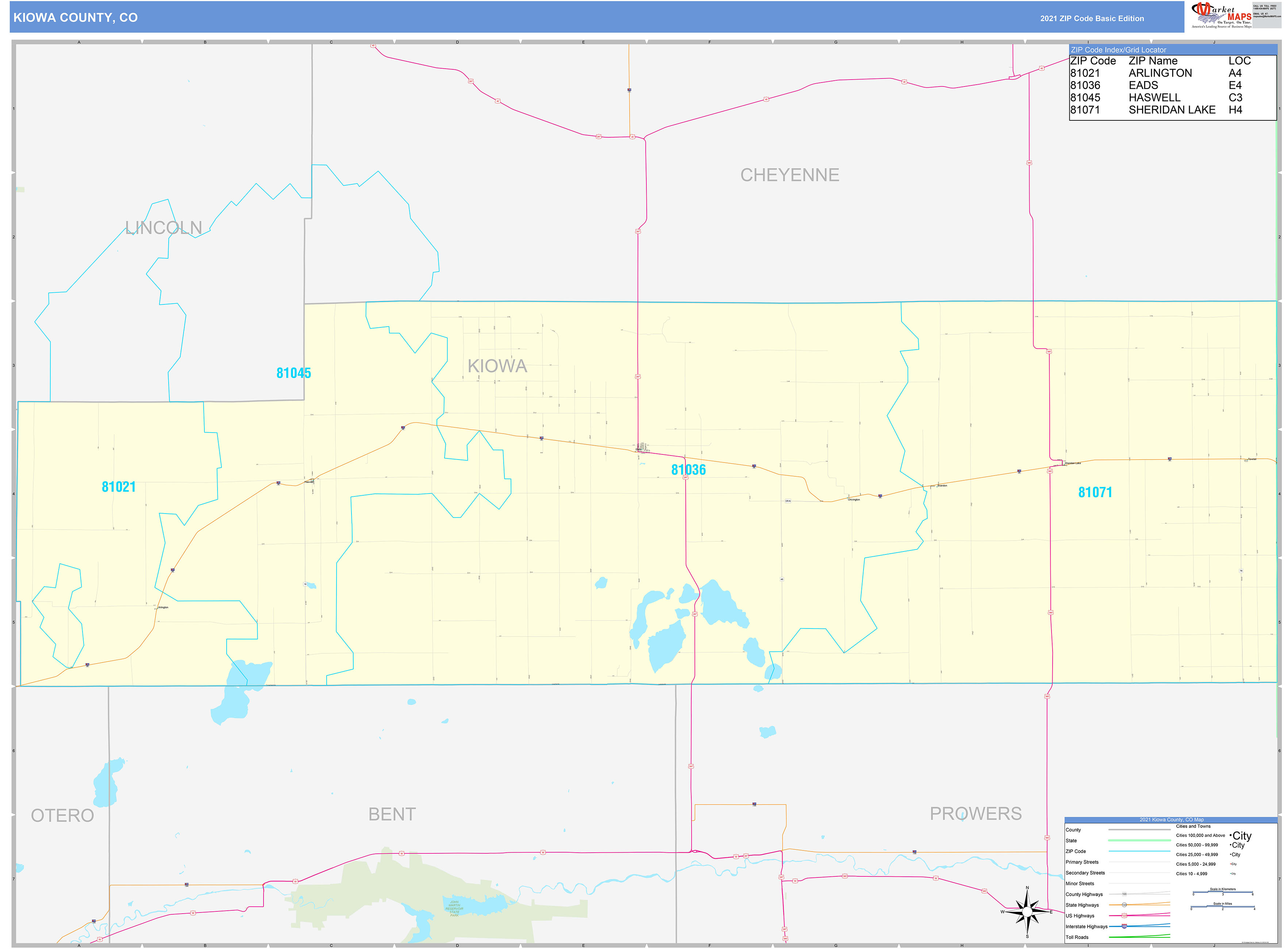 Kiowa County, CO Zip Code Wall Map Basic Style by MarketMAPS - MapSales