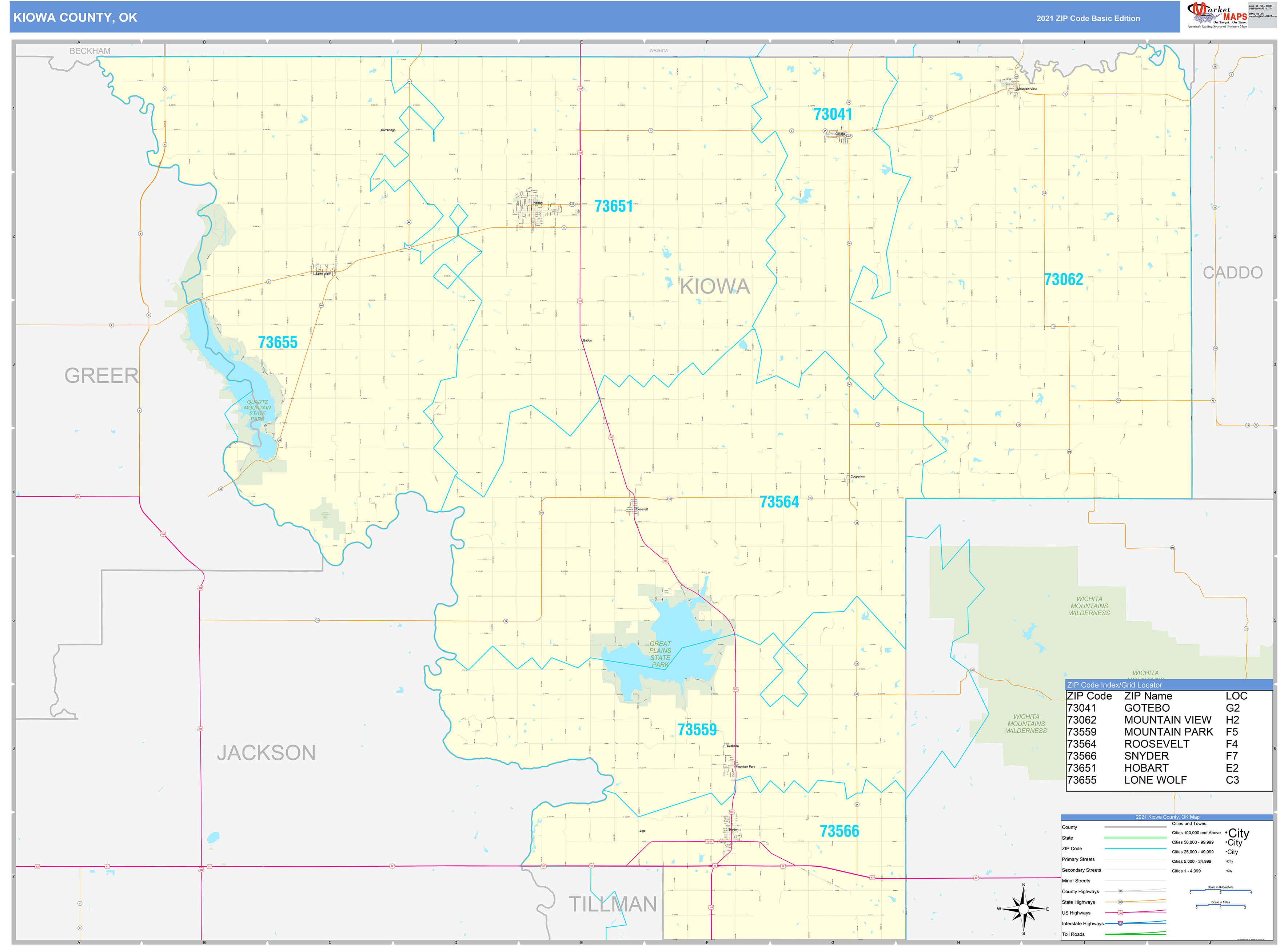 Kiowa County, OK Zip Code Wall Map Basic Style by MarketMAPS MapSales