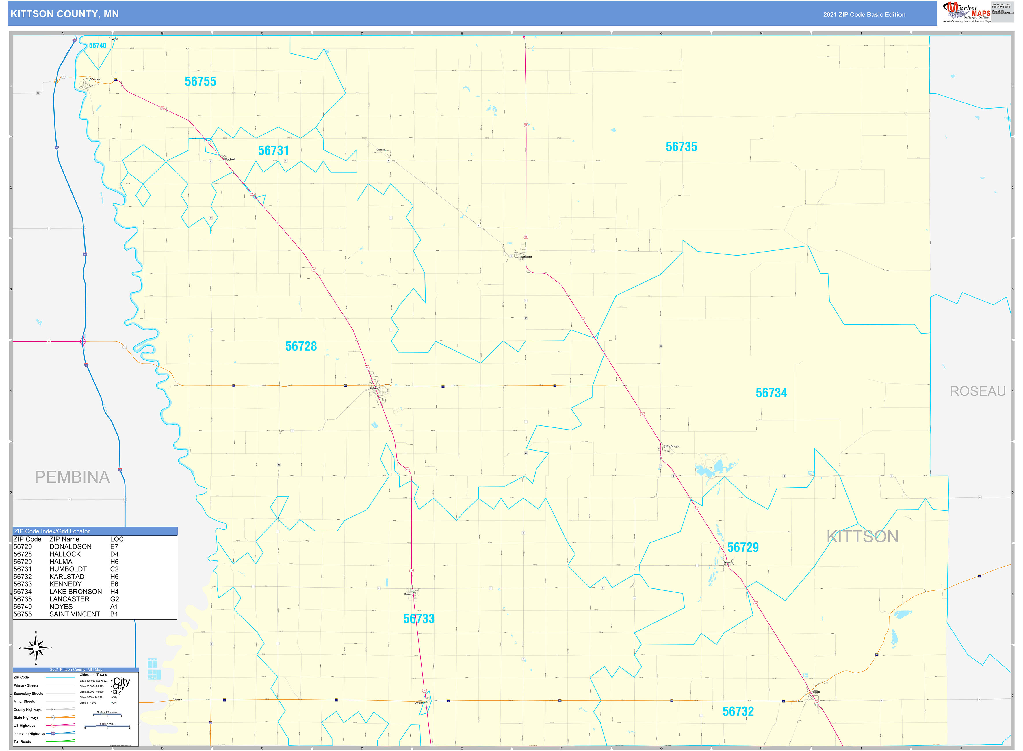 Kittson County, MN Zip Code Wall Map Basic Style by MarketMAPS - MapSales