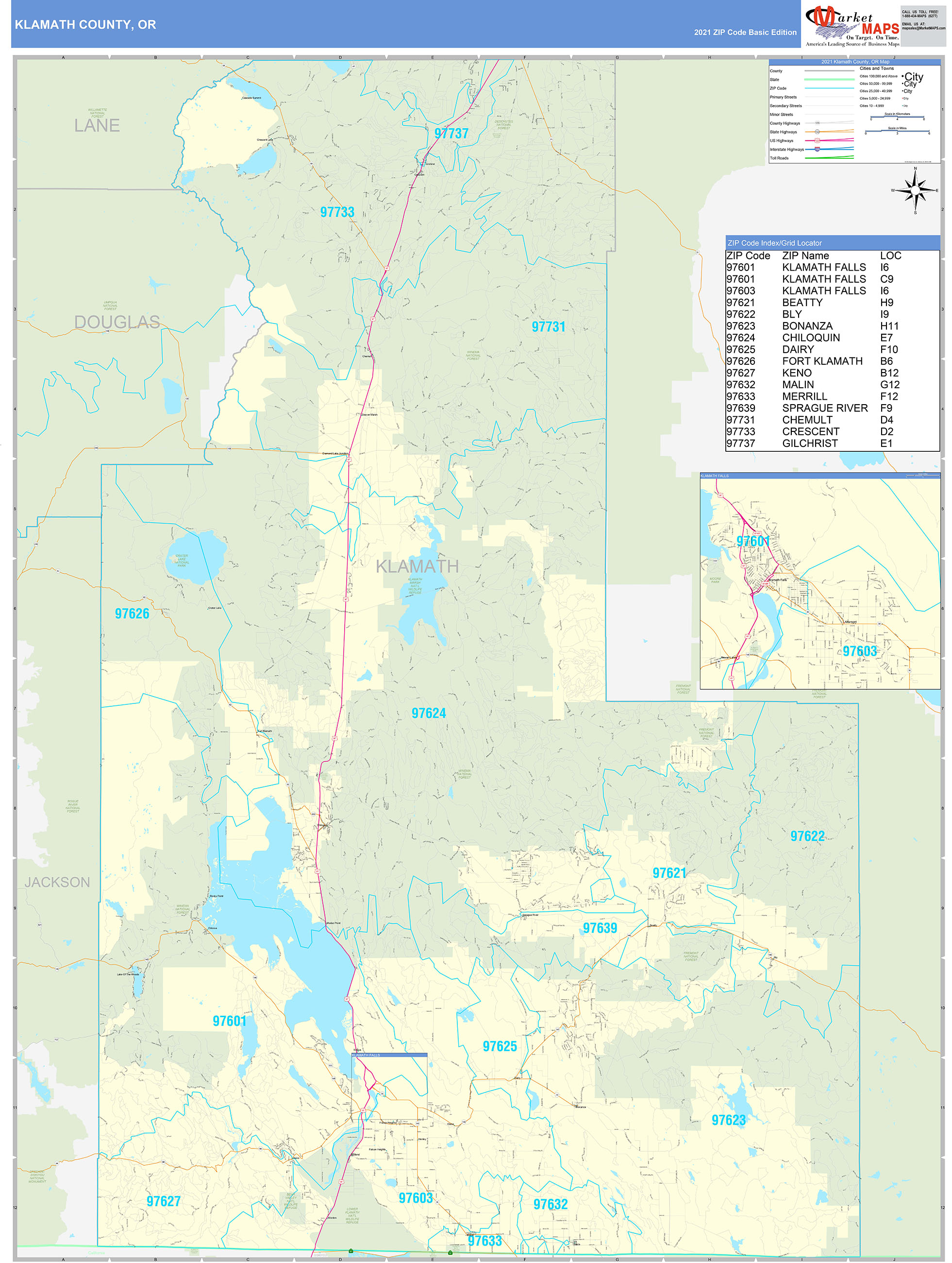 Klamath County, OR Zip Code Wall Map Basic Style by MarketMAPS MapSales