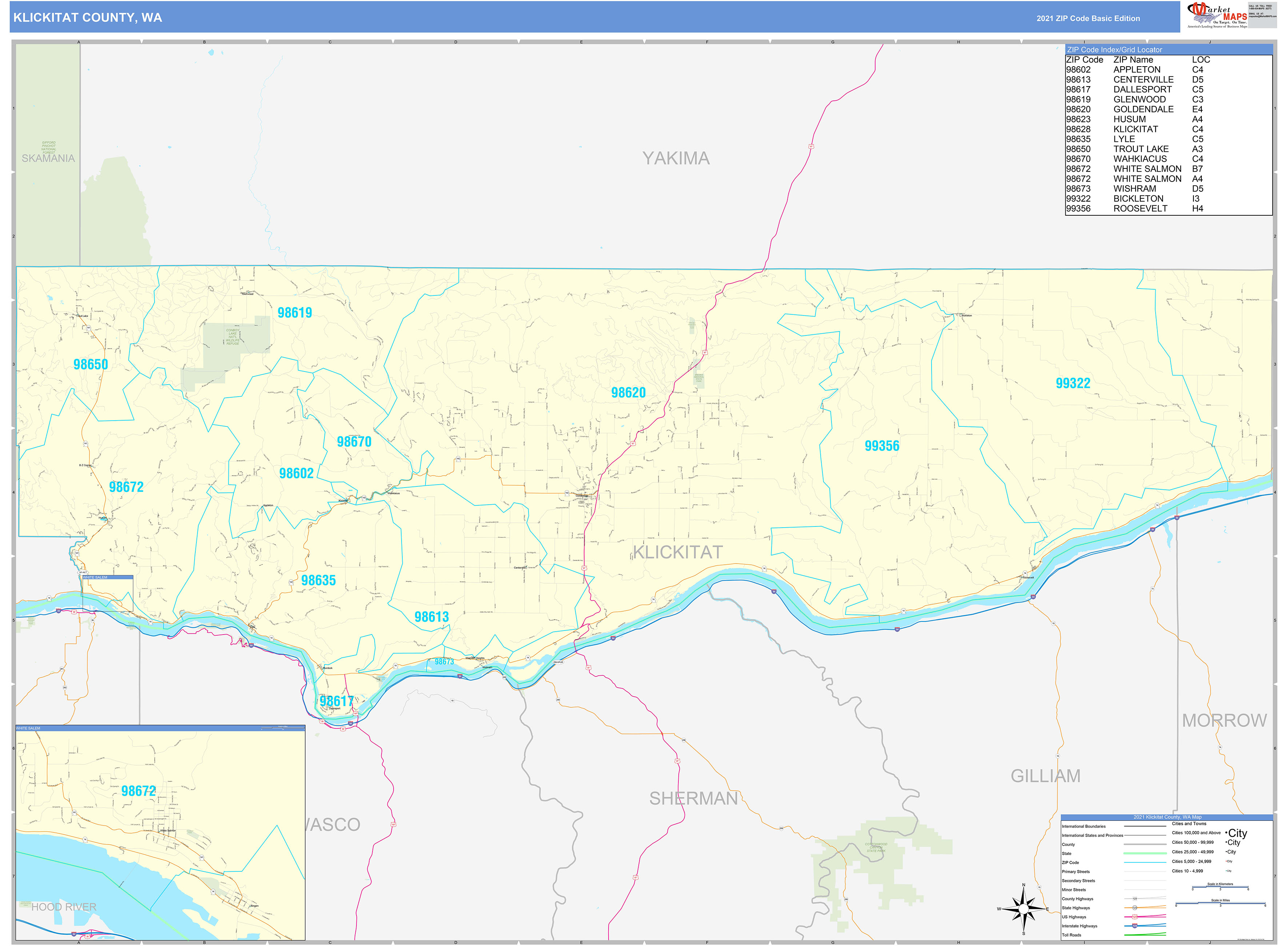 Klickitat County, WA Zip Code Wall Map Basic Style by MarketMAPS MapSales