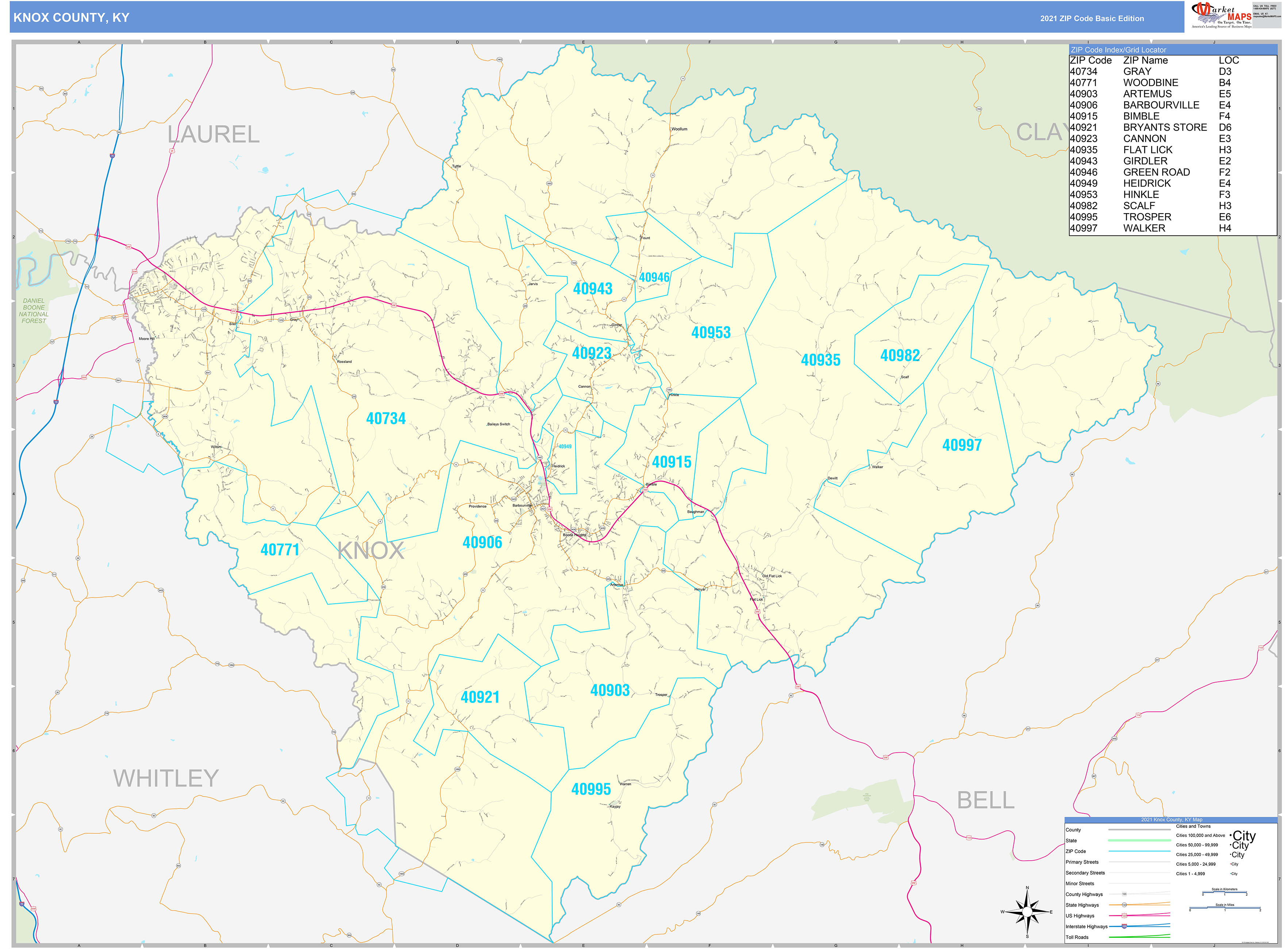 knox-county-ky-zip-code-wall-map-basic-style-by-marketmaps-mapsales