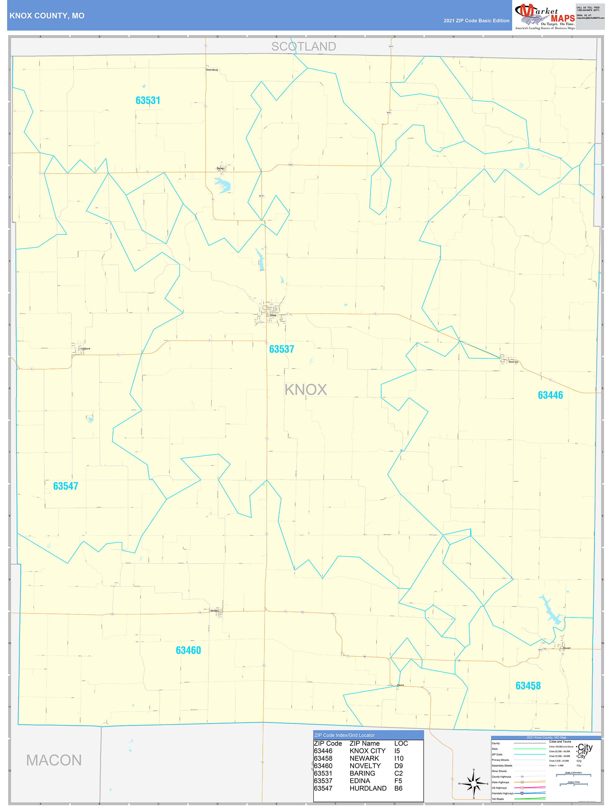 Knox County, MO Zip Code Wall Map Basic Style by MarketMAPS MapSales