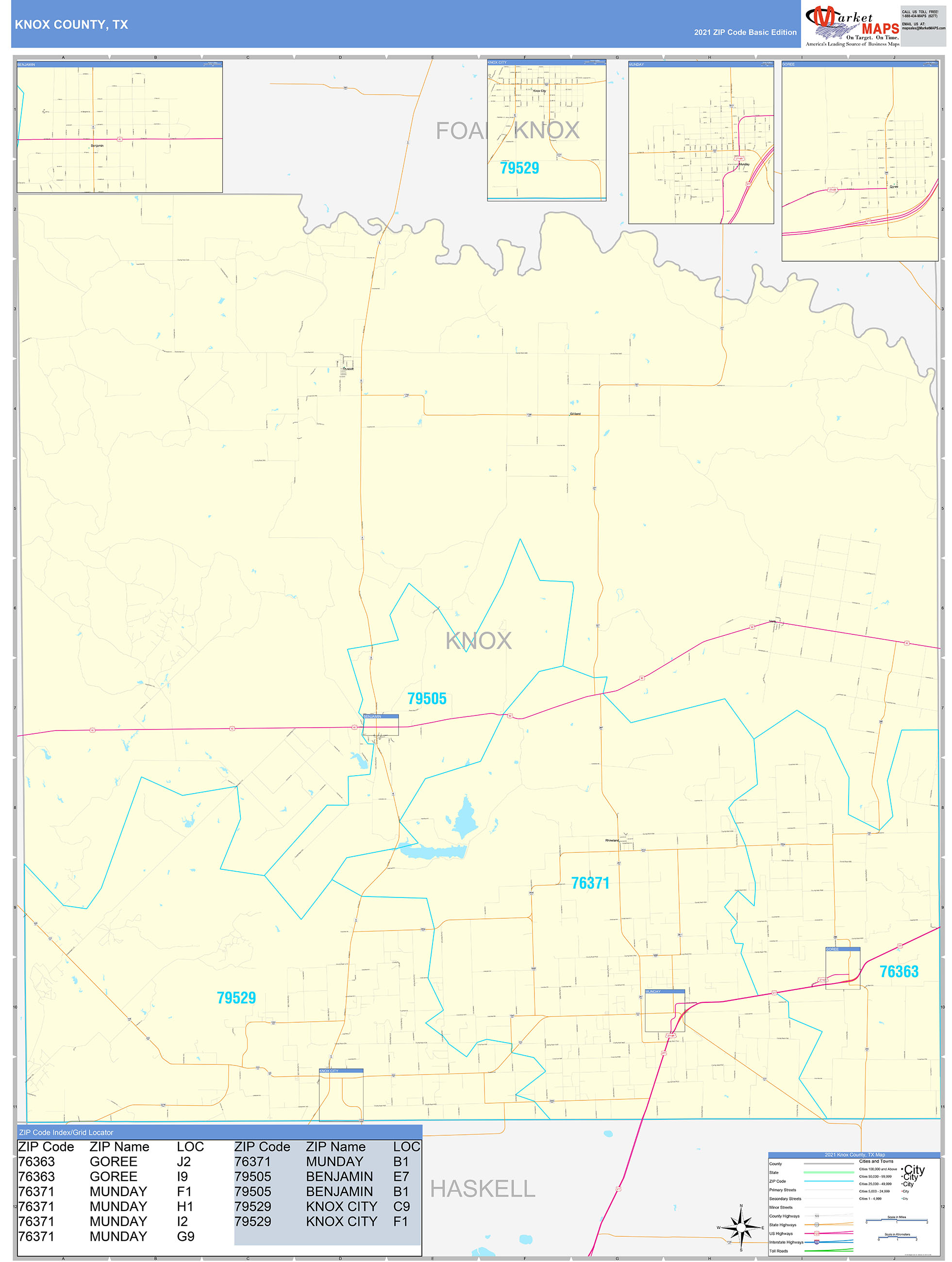 Knox County, TX Zip Code Wall Map Basic Style by MarketMAPS MapSales