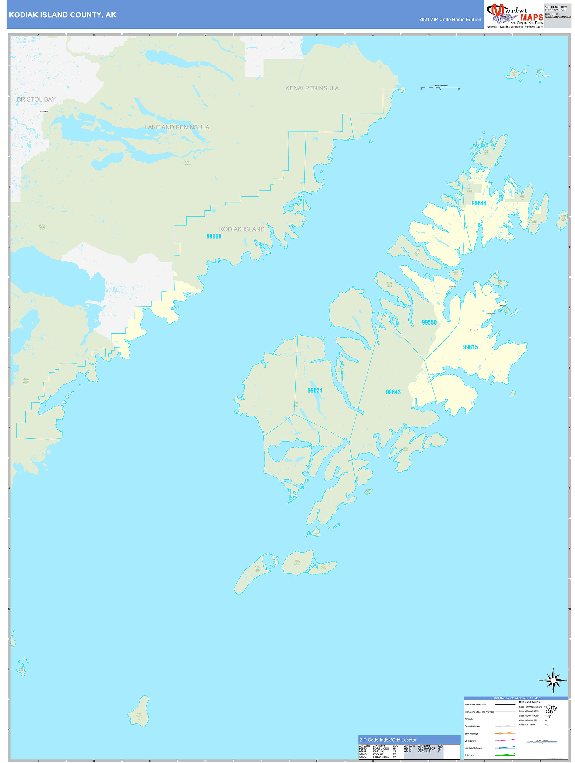 Kodiak Island County, AK Zip Code Wall Map Basic Style by MarketMAPS
