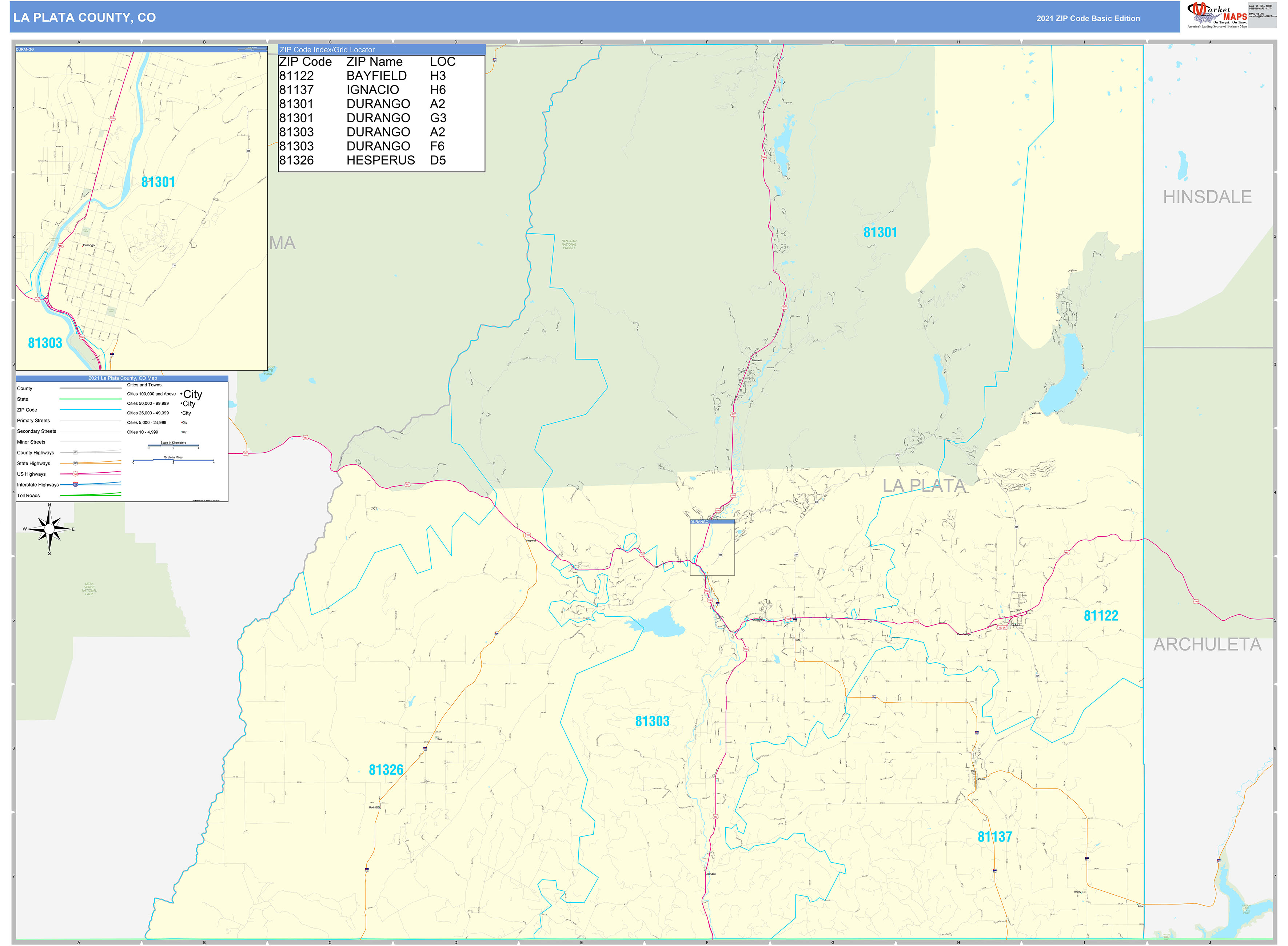 La Plata County, CO Zip Code Wall Map Basic Style by MarketMAPS