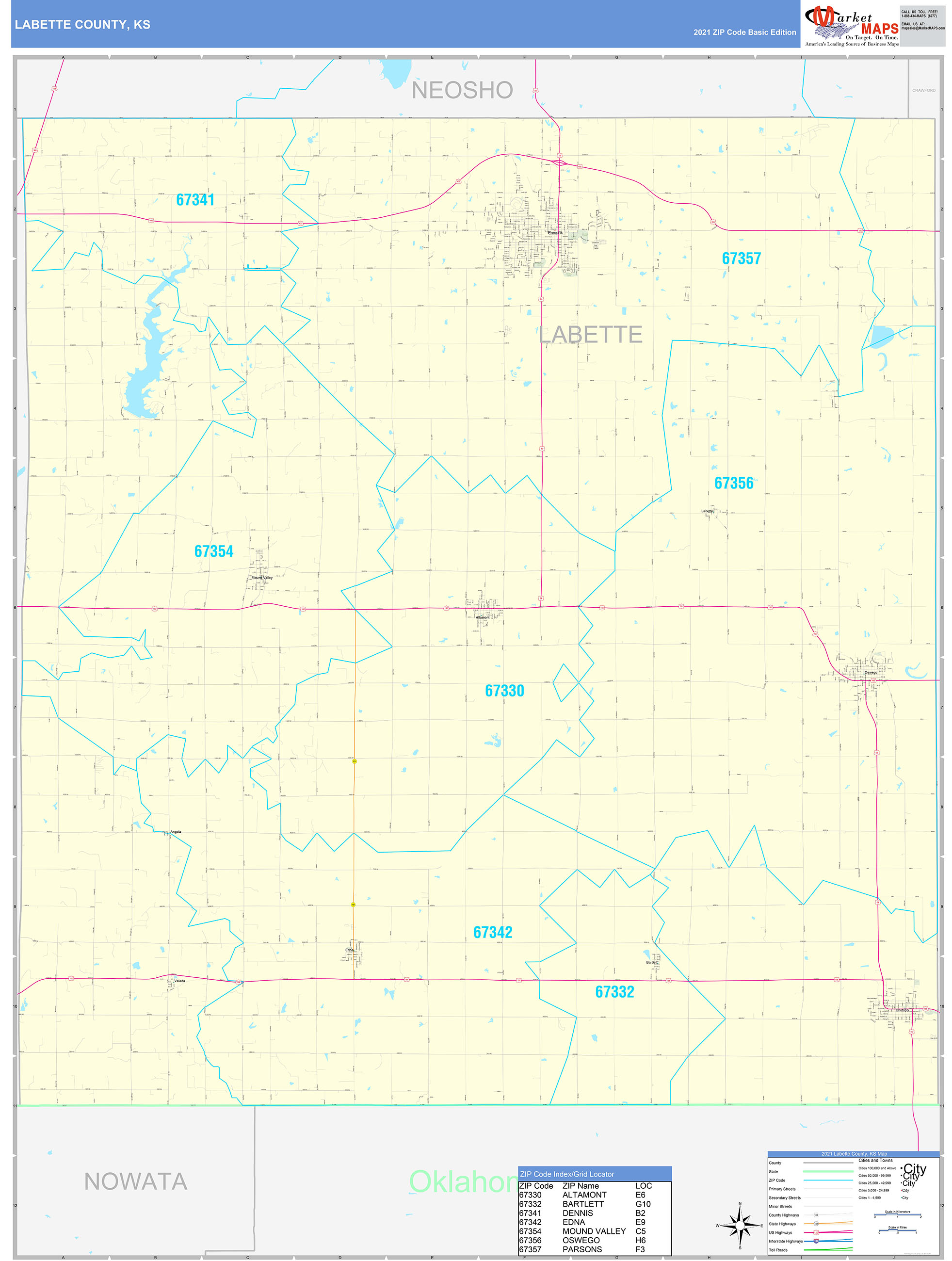 Labette County, KS Zip Code Wall Map Basic Style by MarketMAPS MapSales