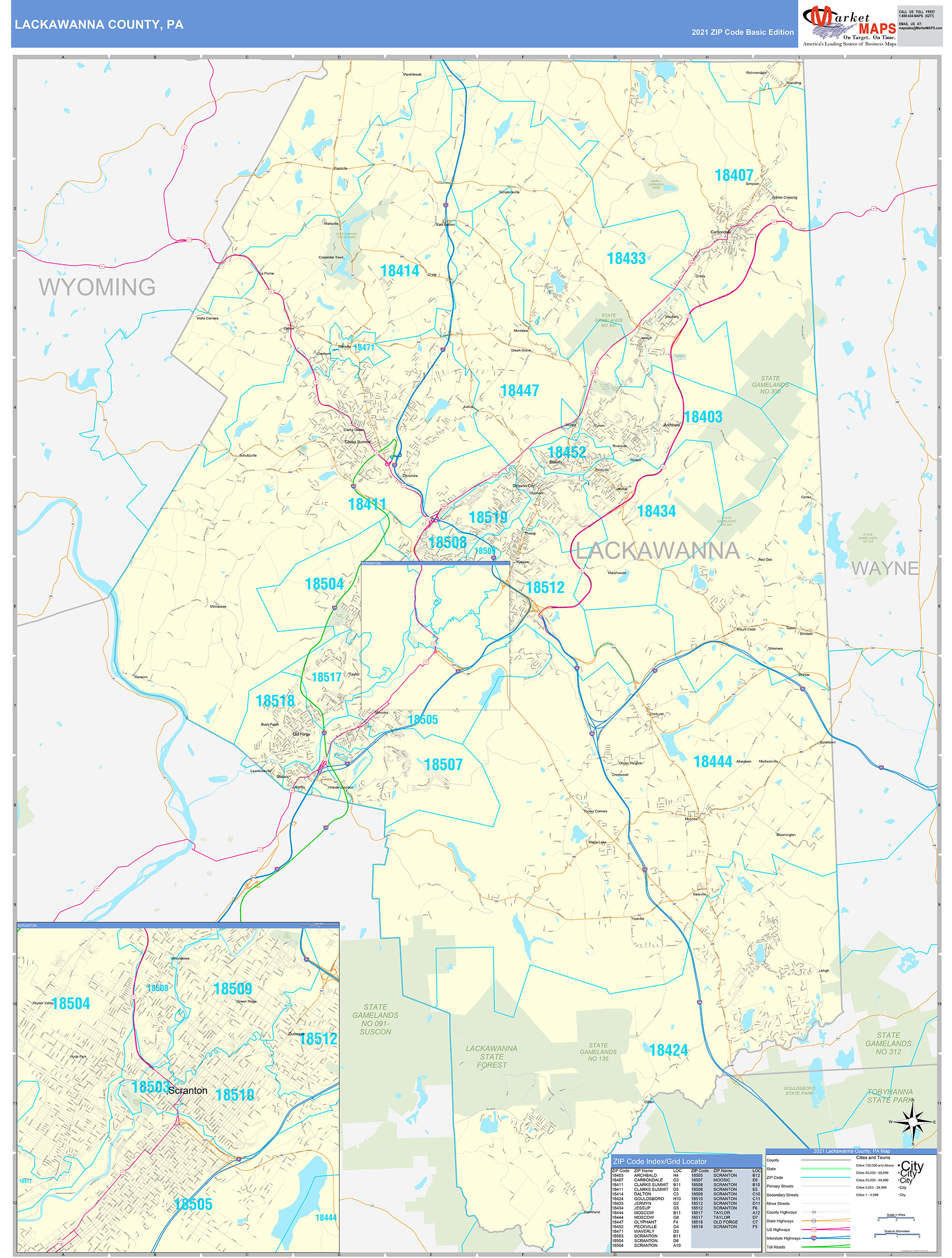 Lackawanna County, PA Zip Code Wall Map Basic Style by MarketMAPS