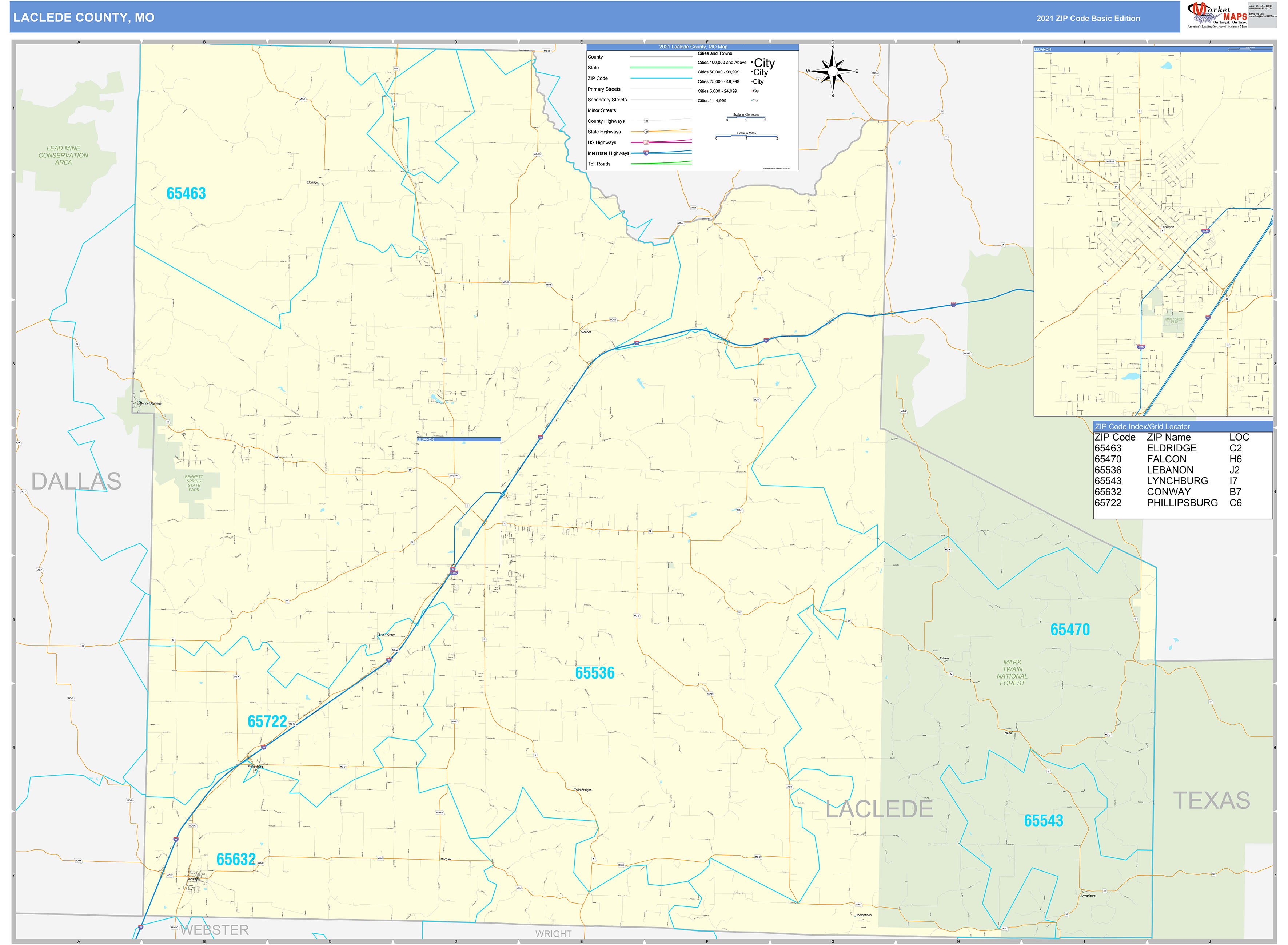 Laclede County, MO Zip Code Wall Map Basic Style by MarketMAPS