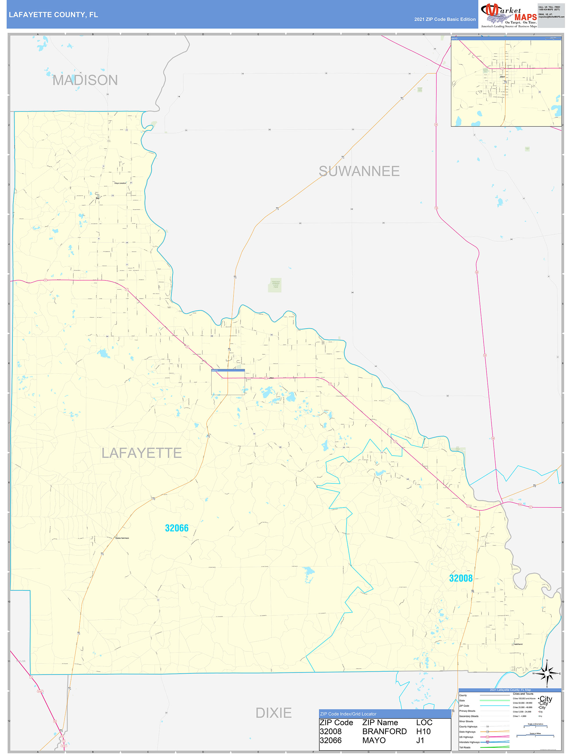 Lafayette County, FL Zip Code Wall Map Basic Style by MarketMAPS