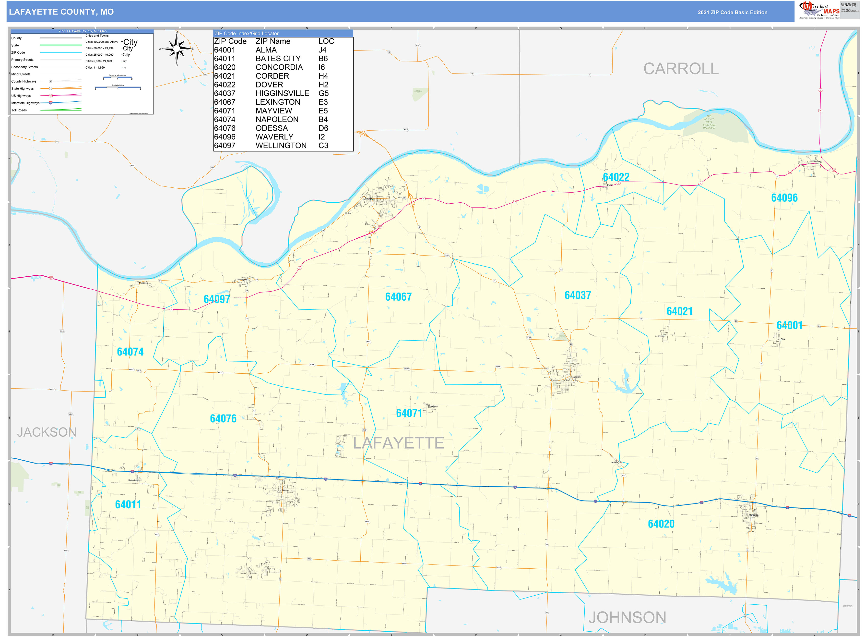 Lafayette County, MO Zip Code Wall Map Basic Style by MarketMAPS
