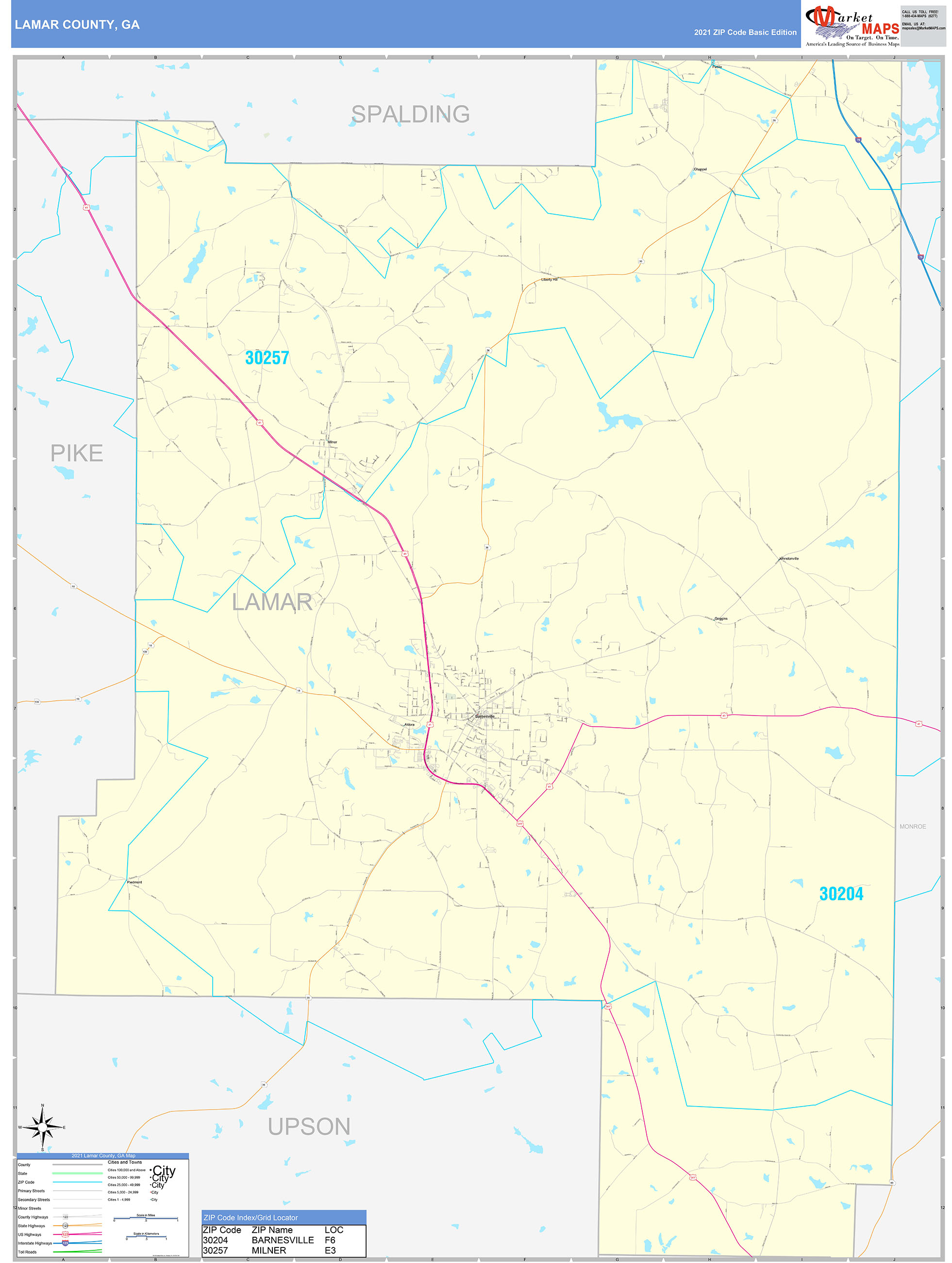 Lamar County, GA Zip Code Wall Map Basic Style by MarketMAPS - MapSales