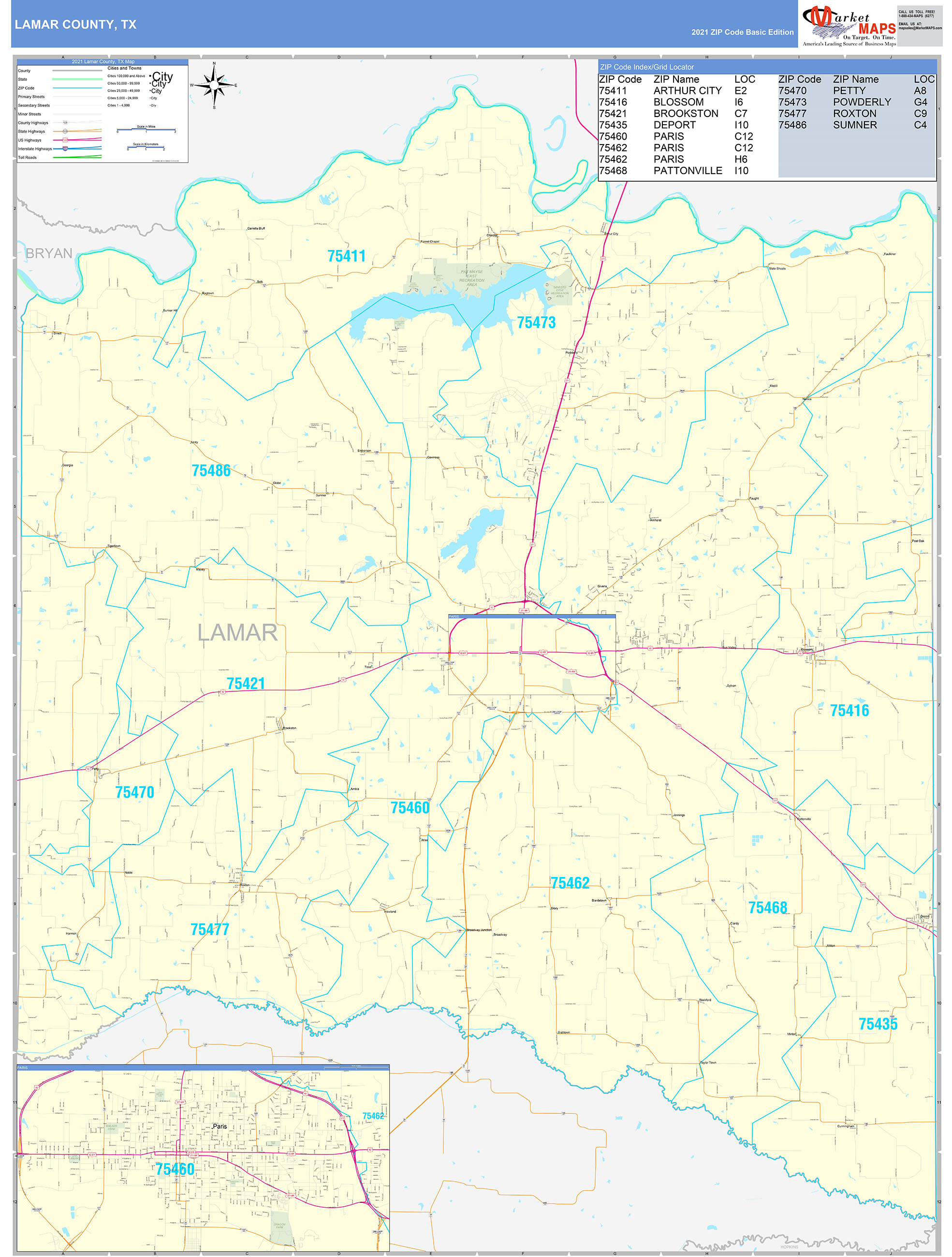 Lamar County, TX Zip Code Wall Map Basic Style by MarketMAPS MapSales