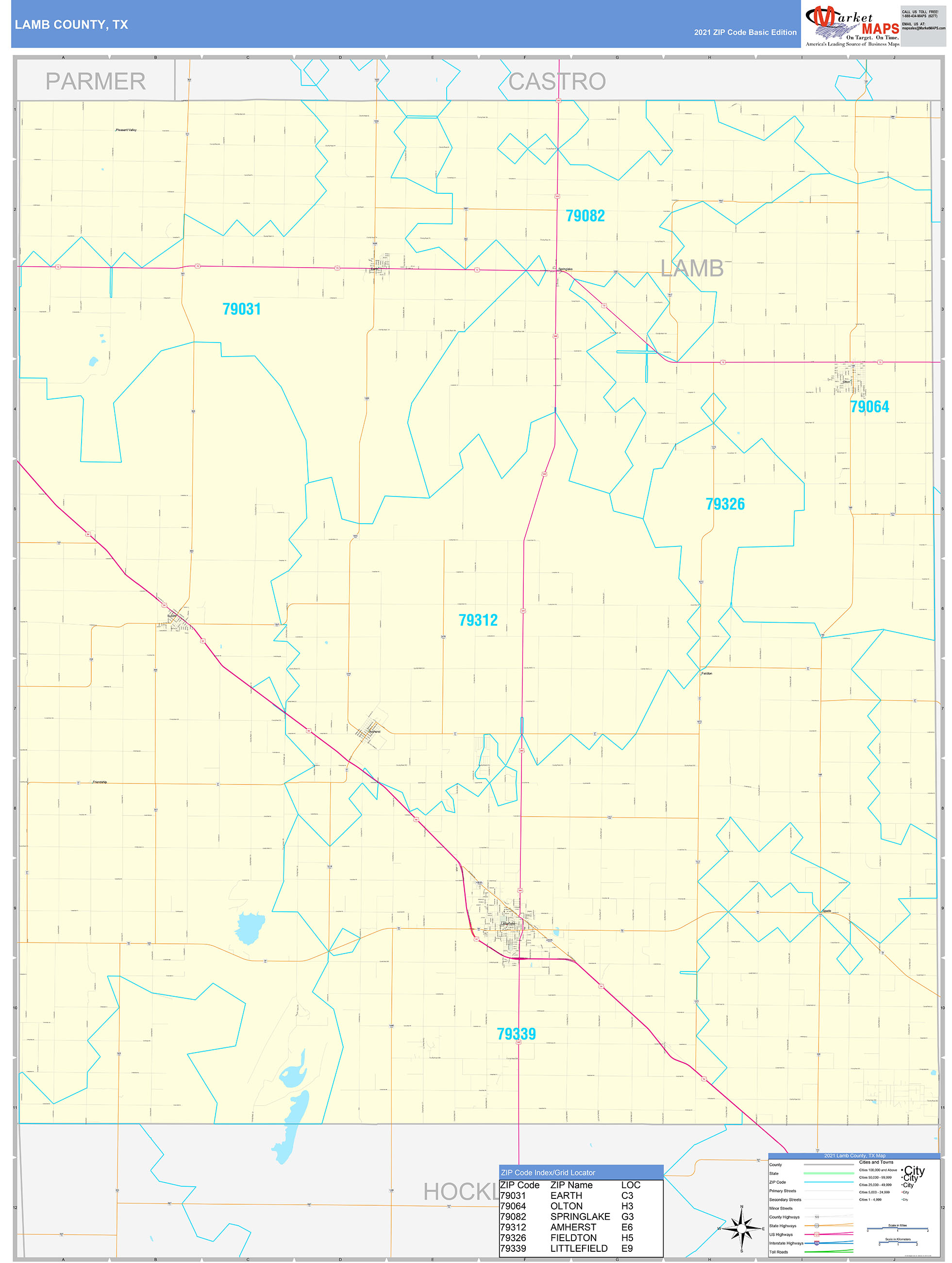Lamb County, TX Zip Code Wall Map Basic Style by MarketMAPS