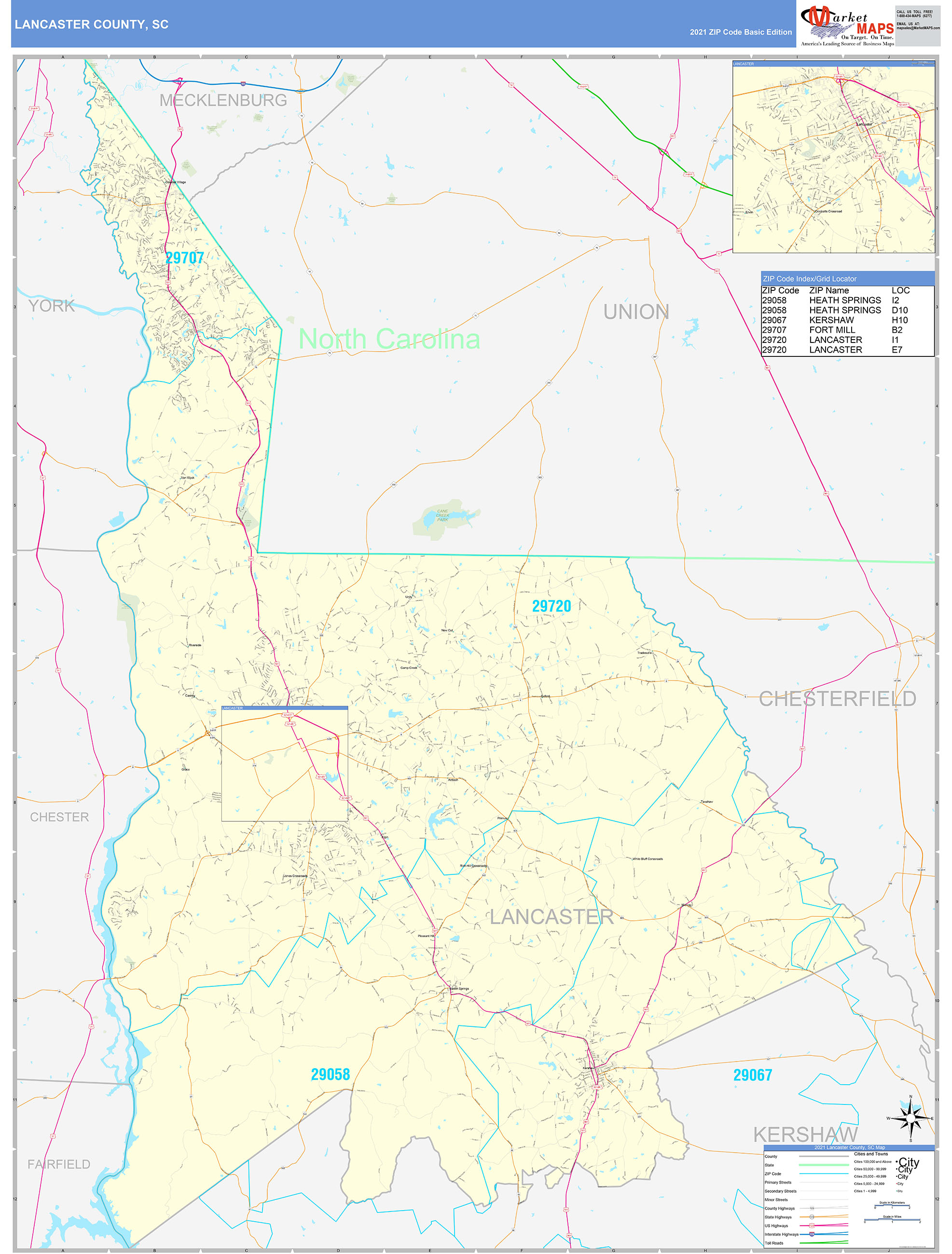 lancaster-county-sc-zip-code-wall-map-basic-style-by-marketmaps-mapsales