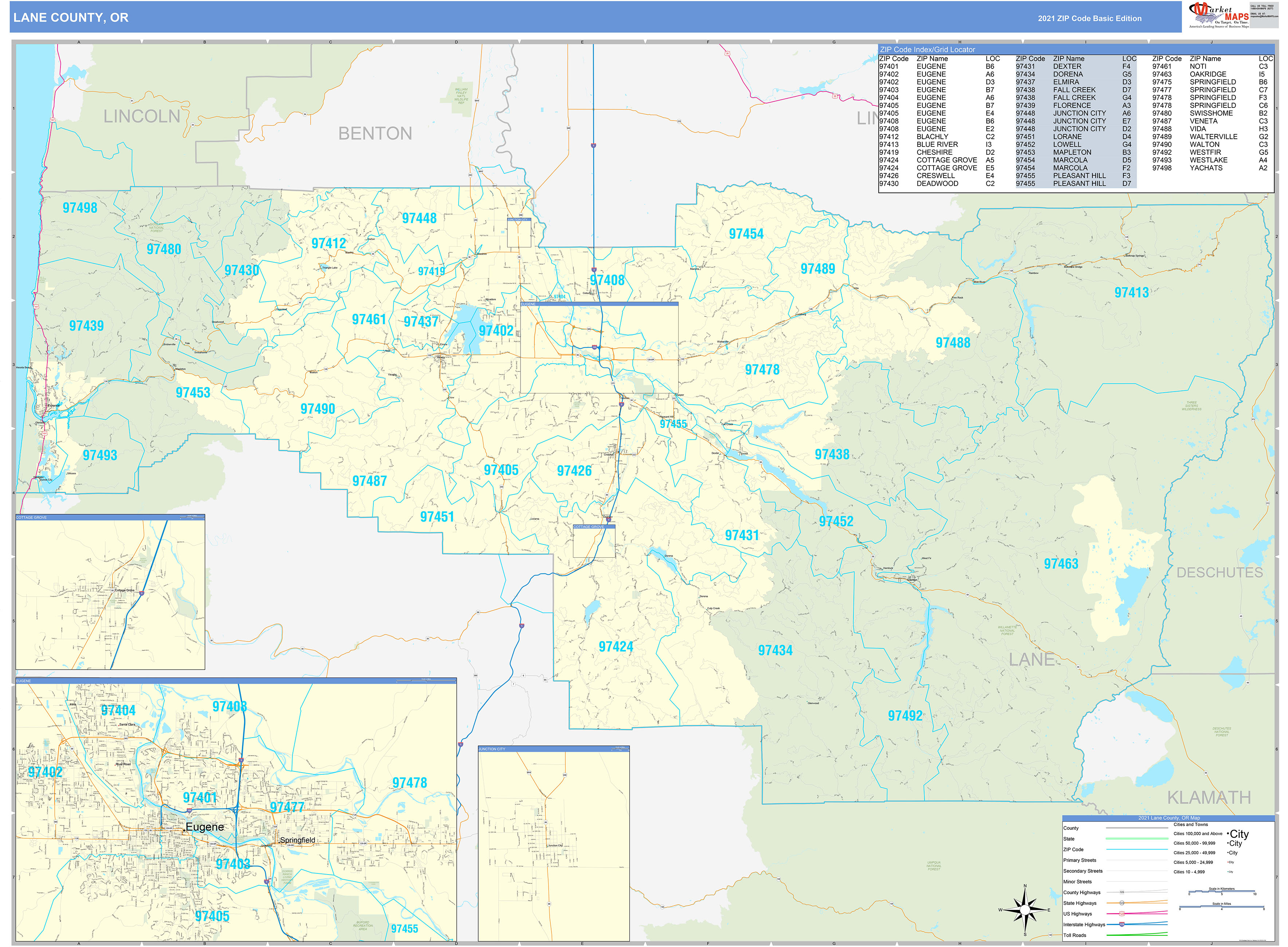 Lane County, OR Zip Code Wall Map Basic Style by MarketMAPS MapSales