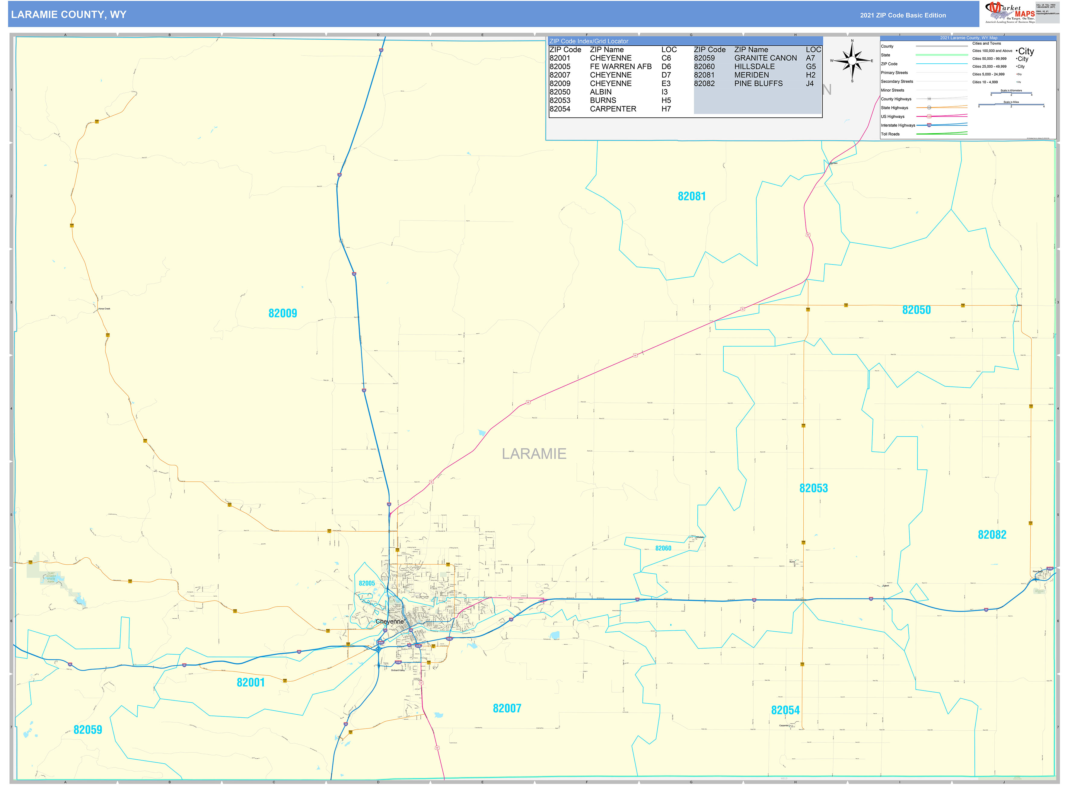 Laramie County, WY Zip Code Wall Map Basic Style by MarketMAPS