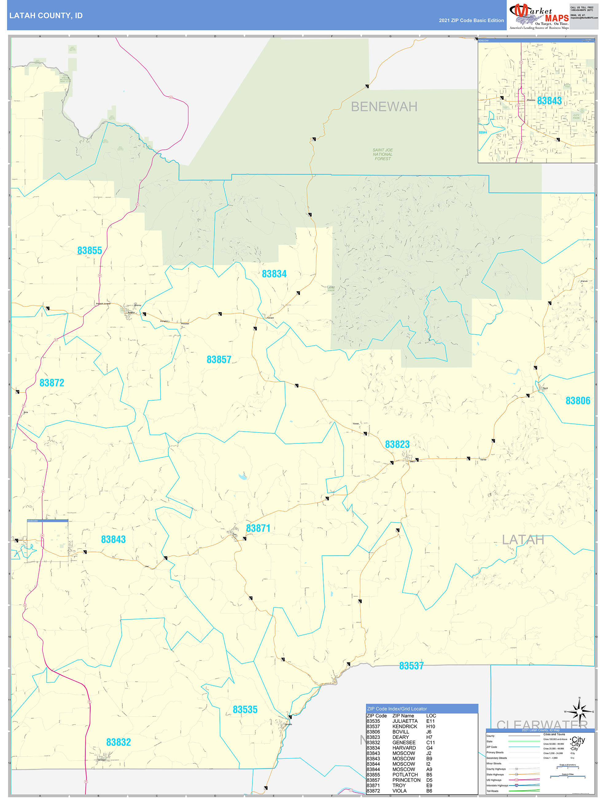 Latah County, ID Zip Code Wall Map Basic Style by MarketMAPS