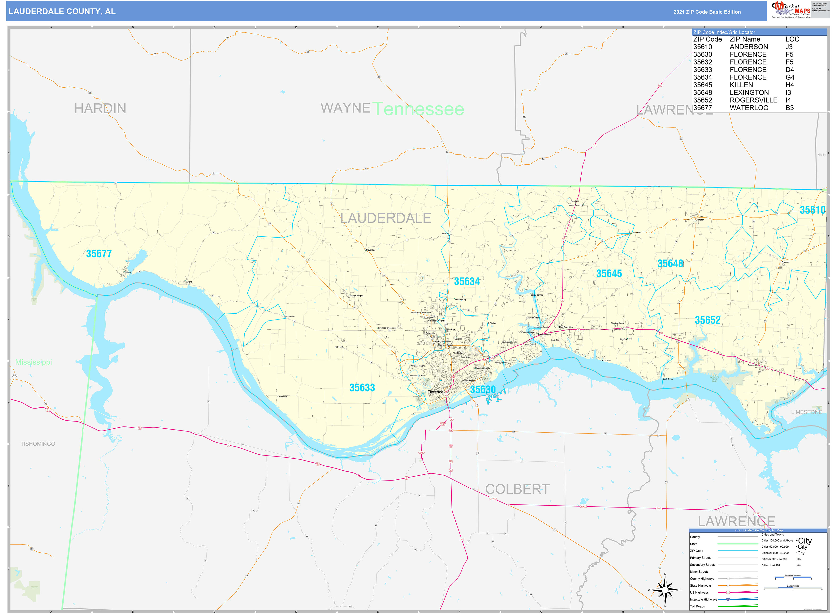 Lauderdale County, AL Zip Code Wall Map Basic Style by MarketMAPS