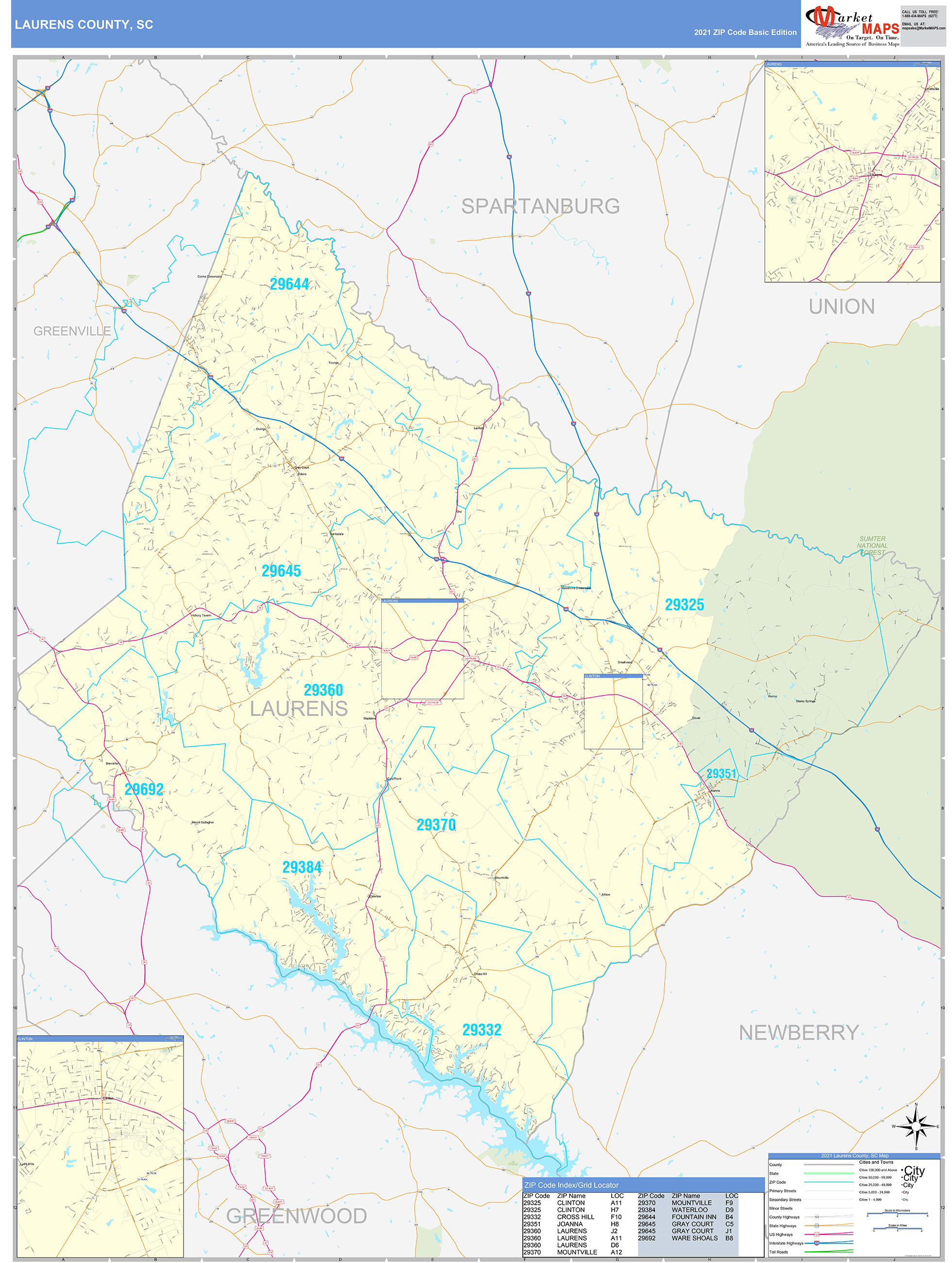 Laurens County, SC Zip Code Wall Map Basic Style by MarketMAPS MapSales