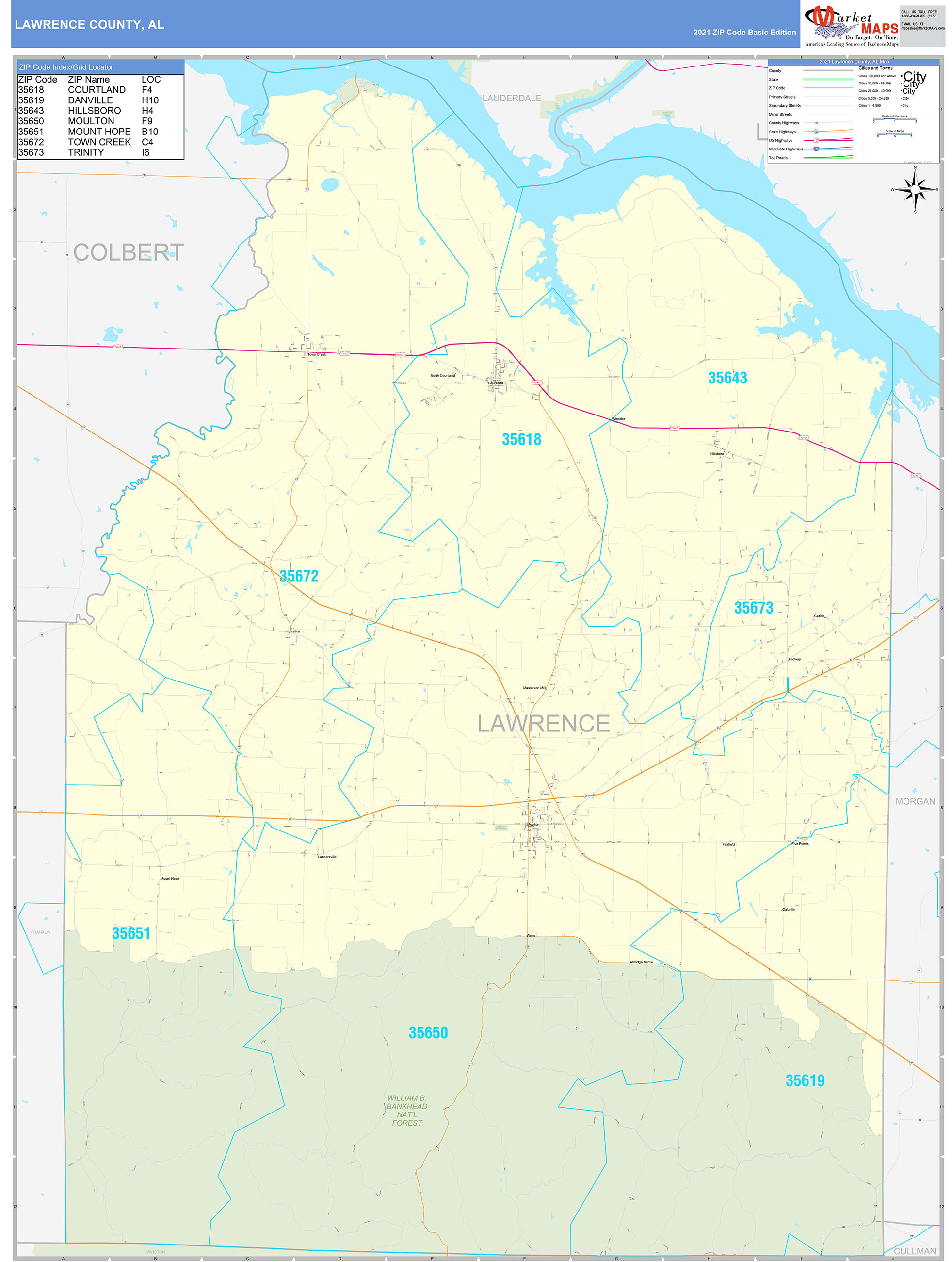 Lawrence County, AL Zip Code Wall Map Basic Style by MarketMAPS MapSales