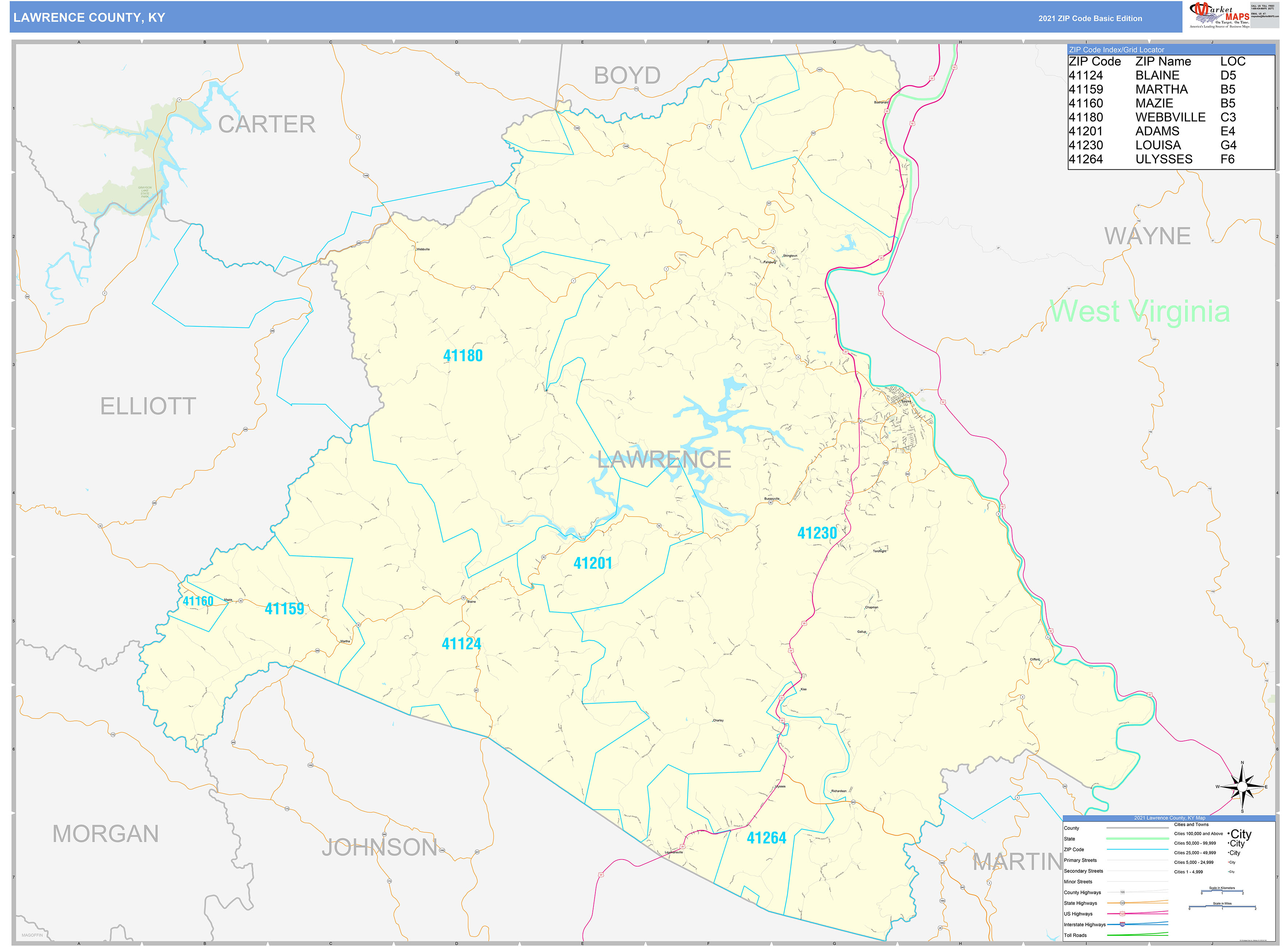 Lawrence County, KY Zip Code Wall Map Basic Style by MarketMAPS MapSales