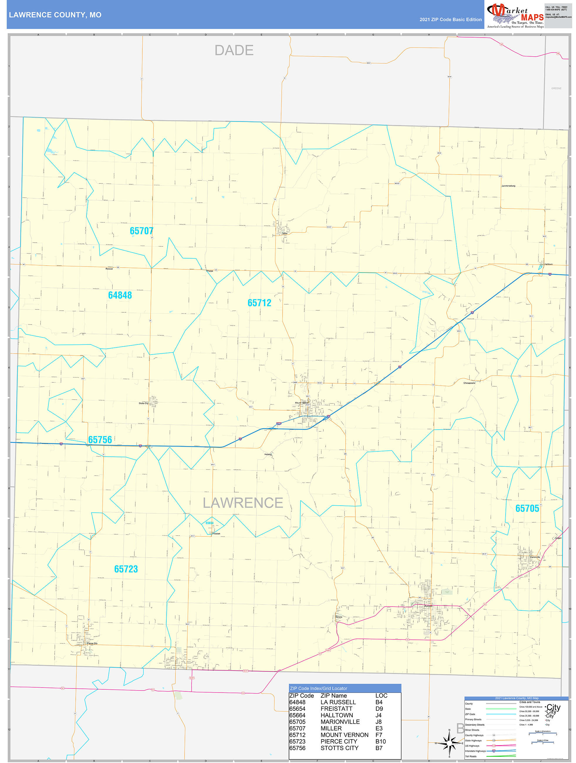 Lawrence County, MO Zip Code Wall Map Basic Style by MarketMAPS