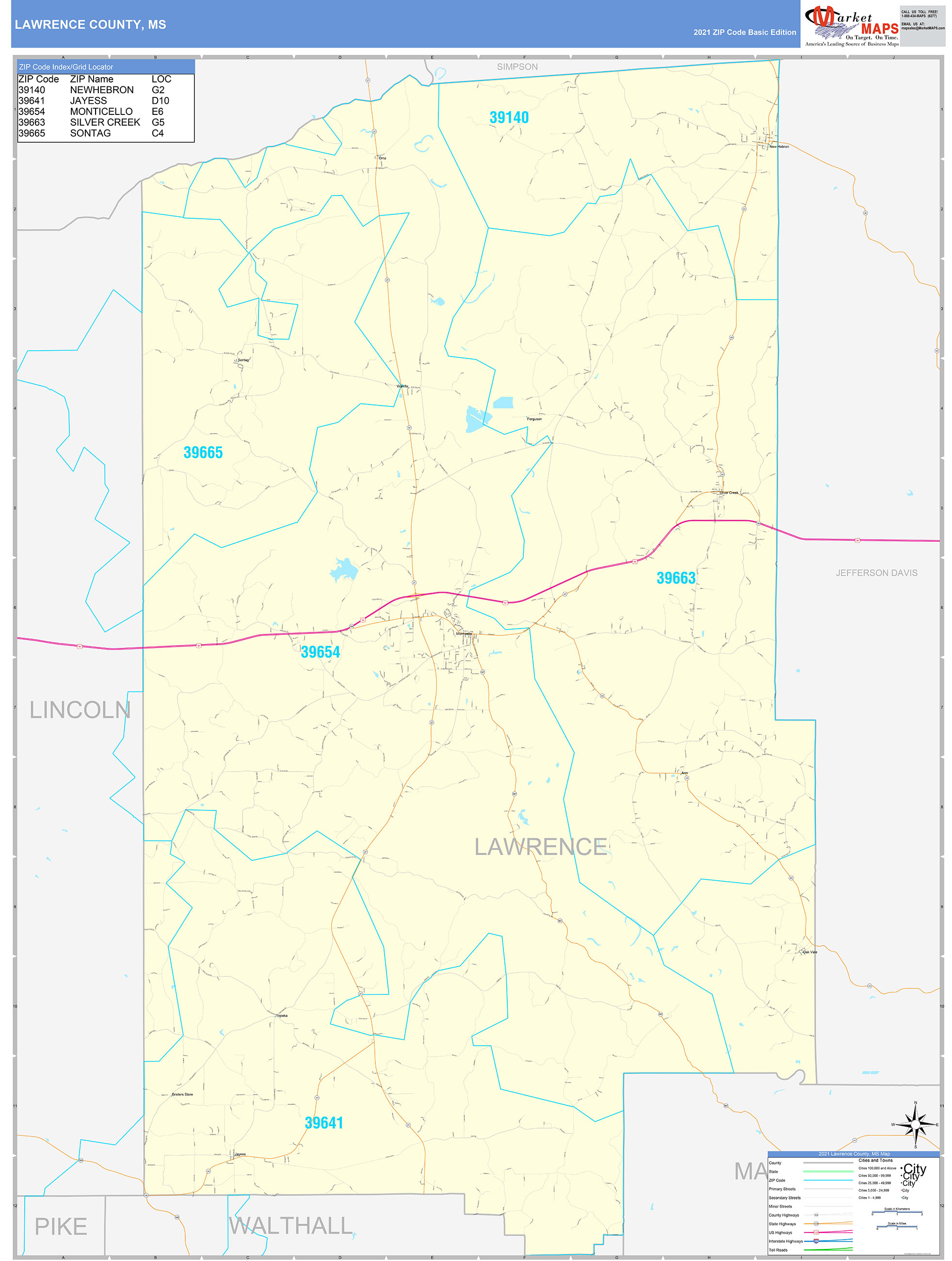 Lawrence County, MS Zip Code Wall Map Basic Style by MarketMAPS