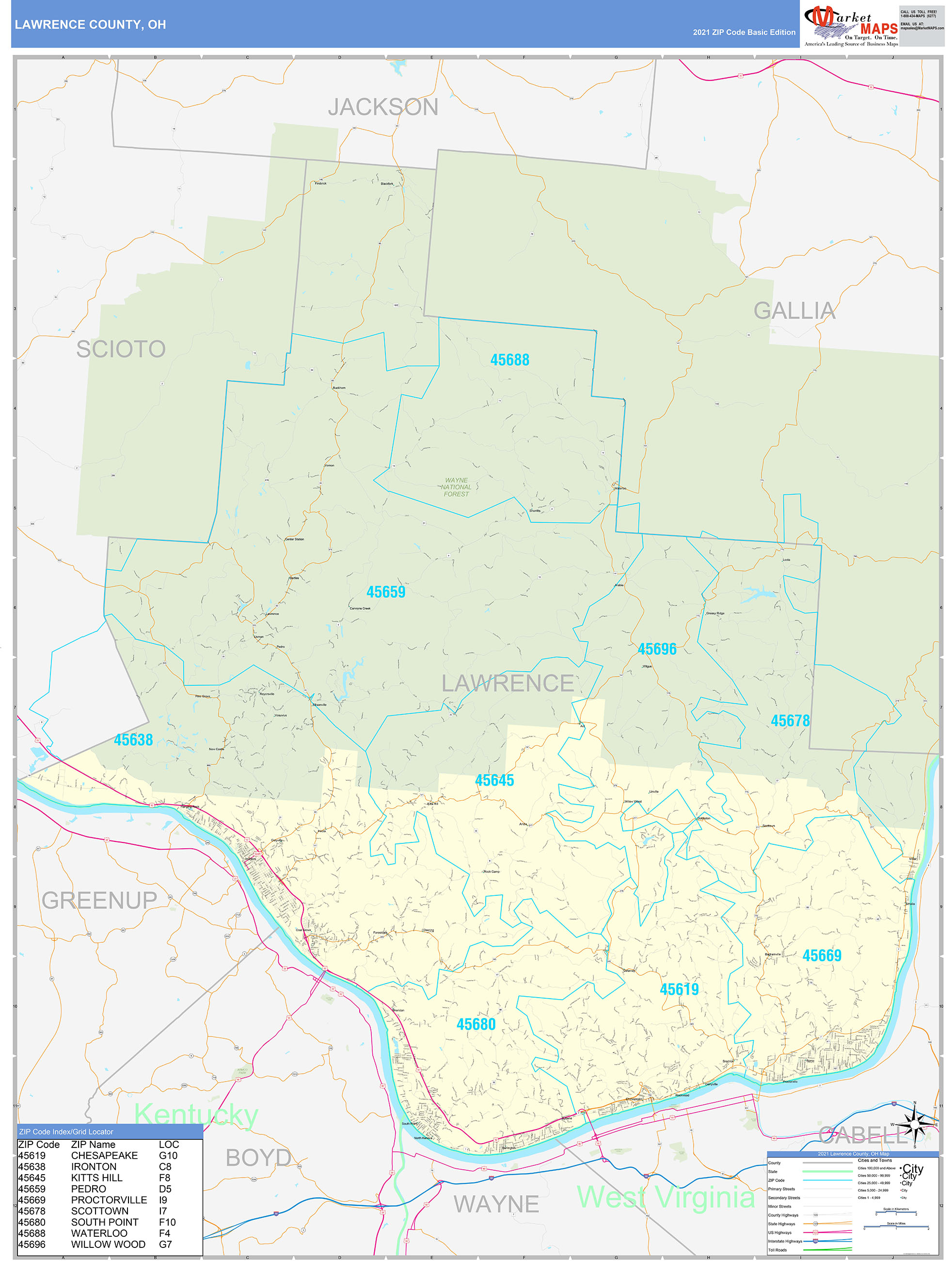 Lawrence County, OH Zip Code Wall Map Basic Style by MarketMAPS