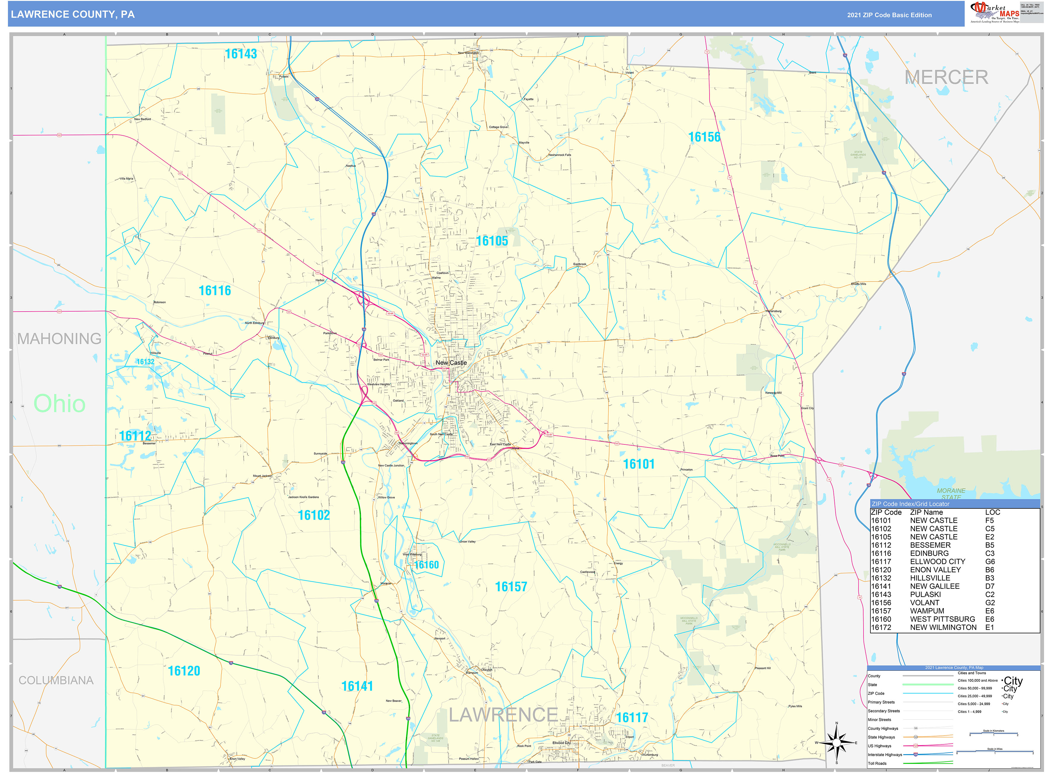 Lawrence County, PA Zip Code Wall Map Basic Style by MarketMAPS MapSales