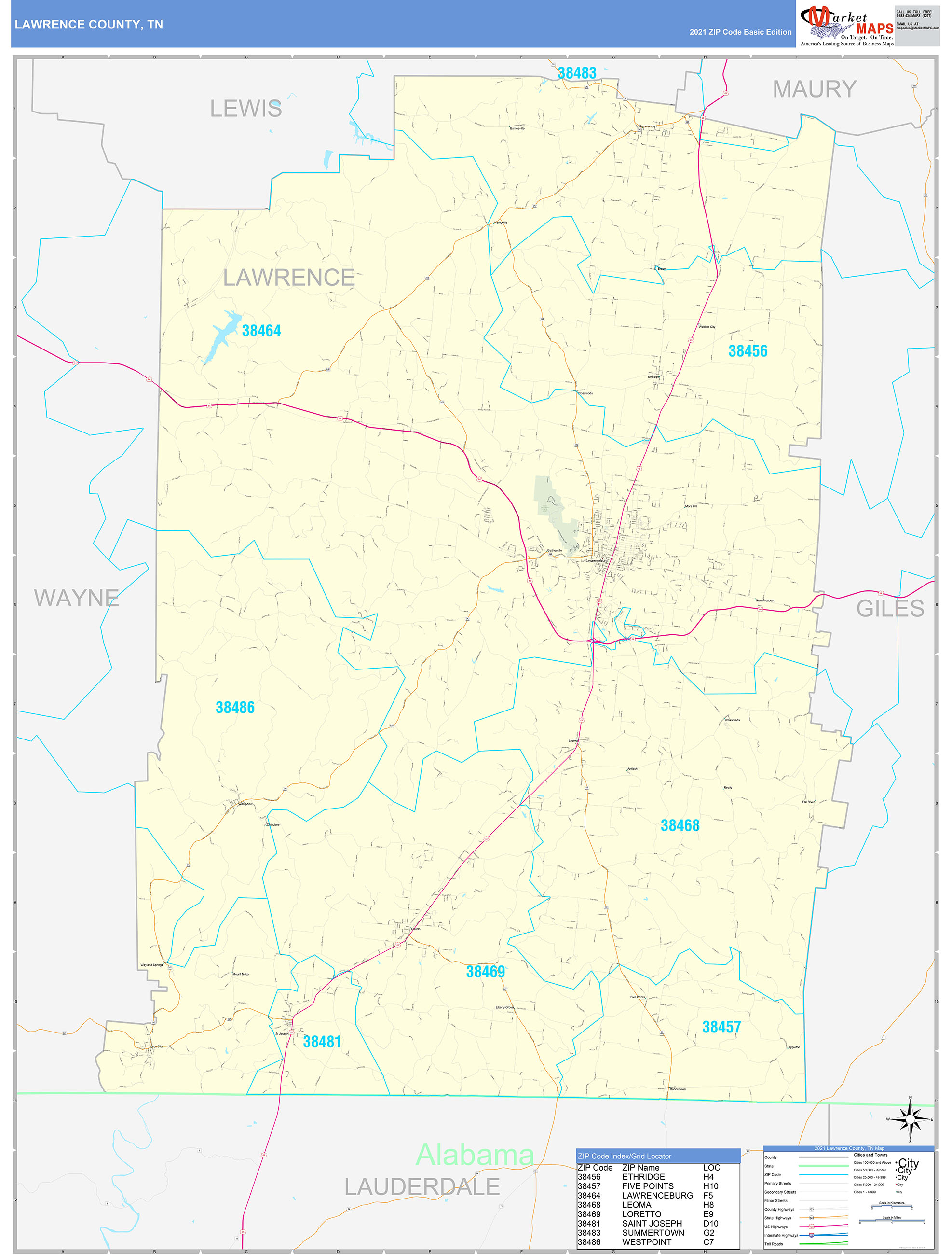 Lawrence County, TN Zip Code Wall Map Basic Style by MarketMAPS MapSales