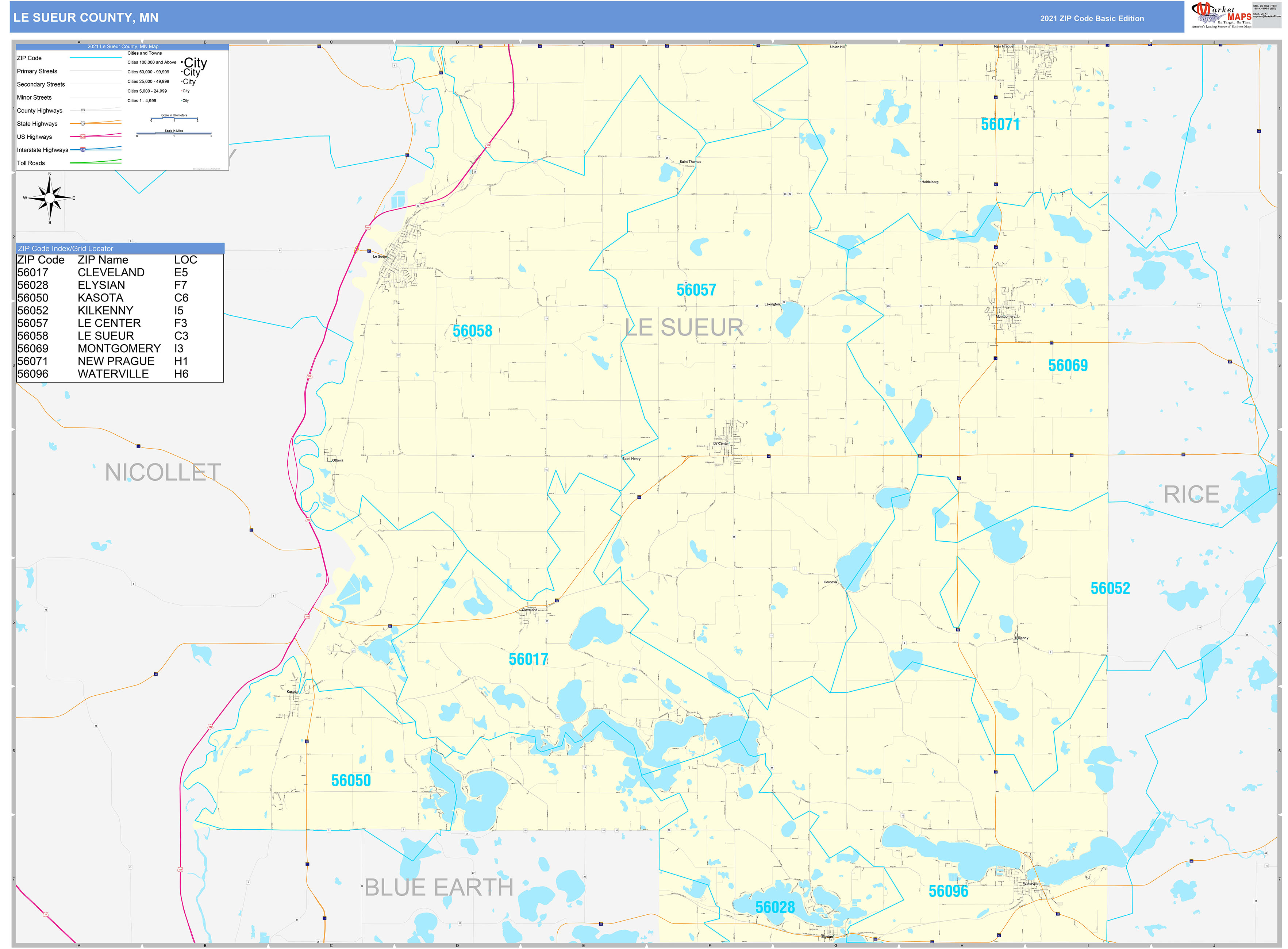 Le Sueur County, MN Zip Code Wall Map Basic Style by MarketMAPS MapSales
